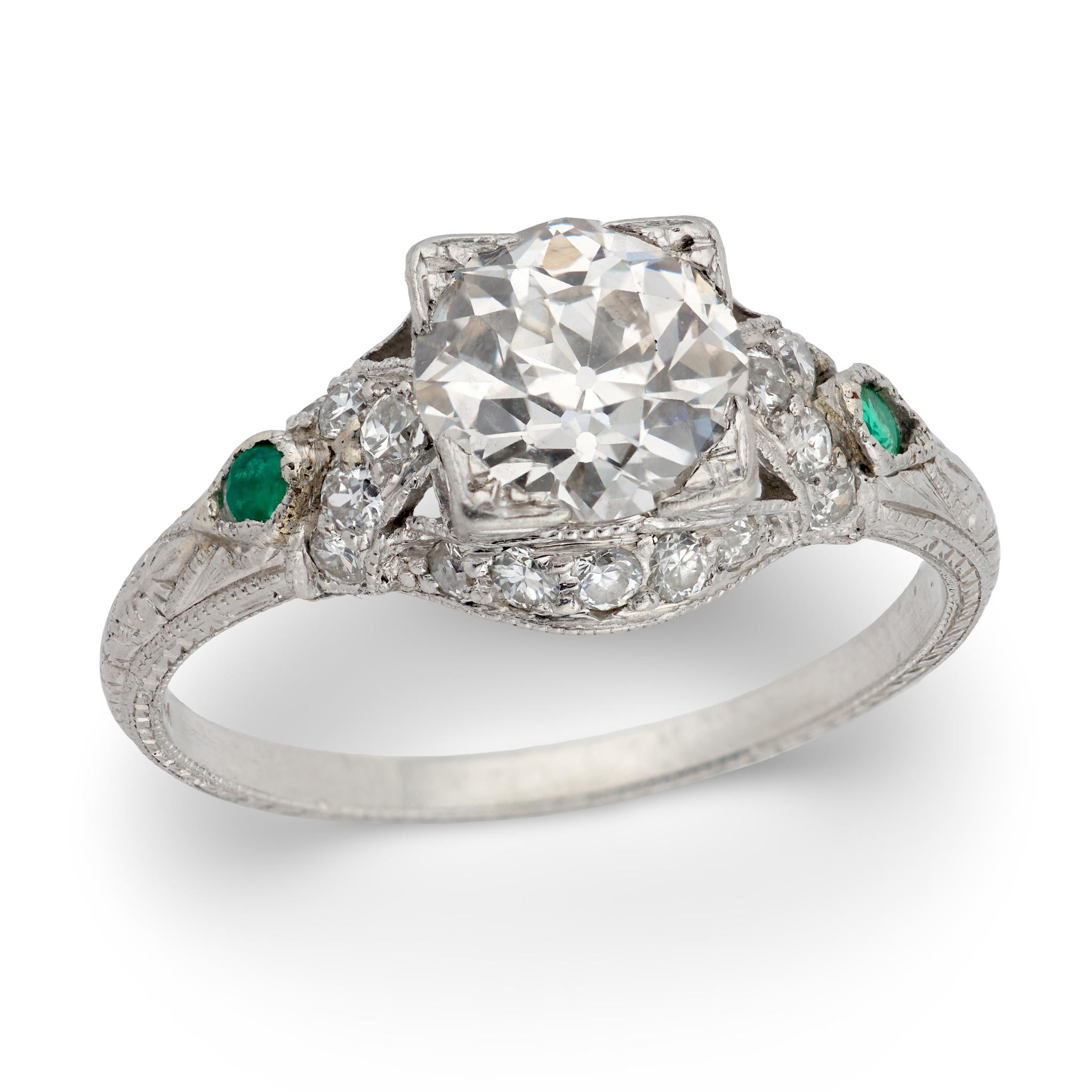 Art Deco Platinum Diamond & Emerald Engagement Ring 1.59ct