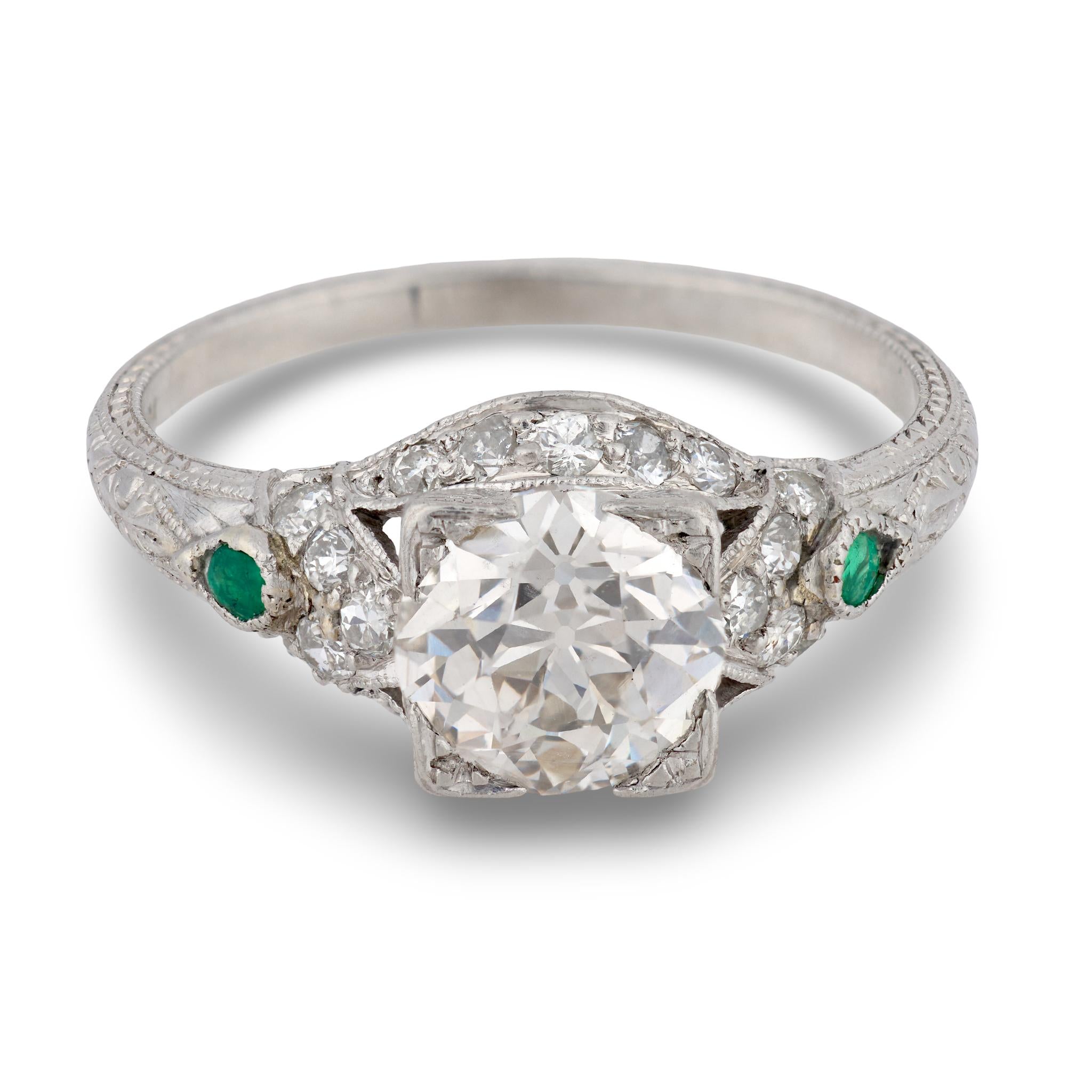 Art Deco Platinum Diamond & Emerald Engagement Ring 1.59ct