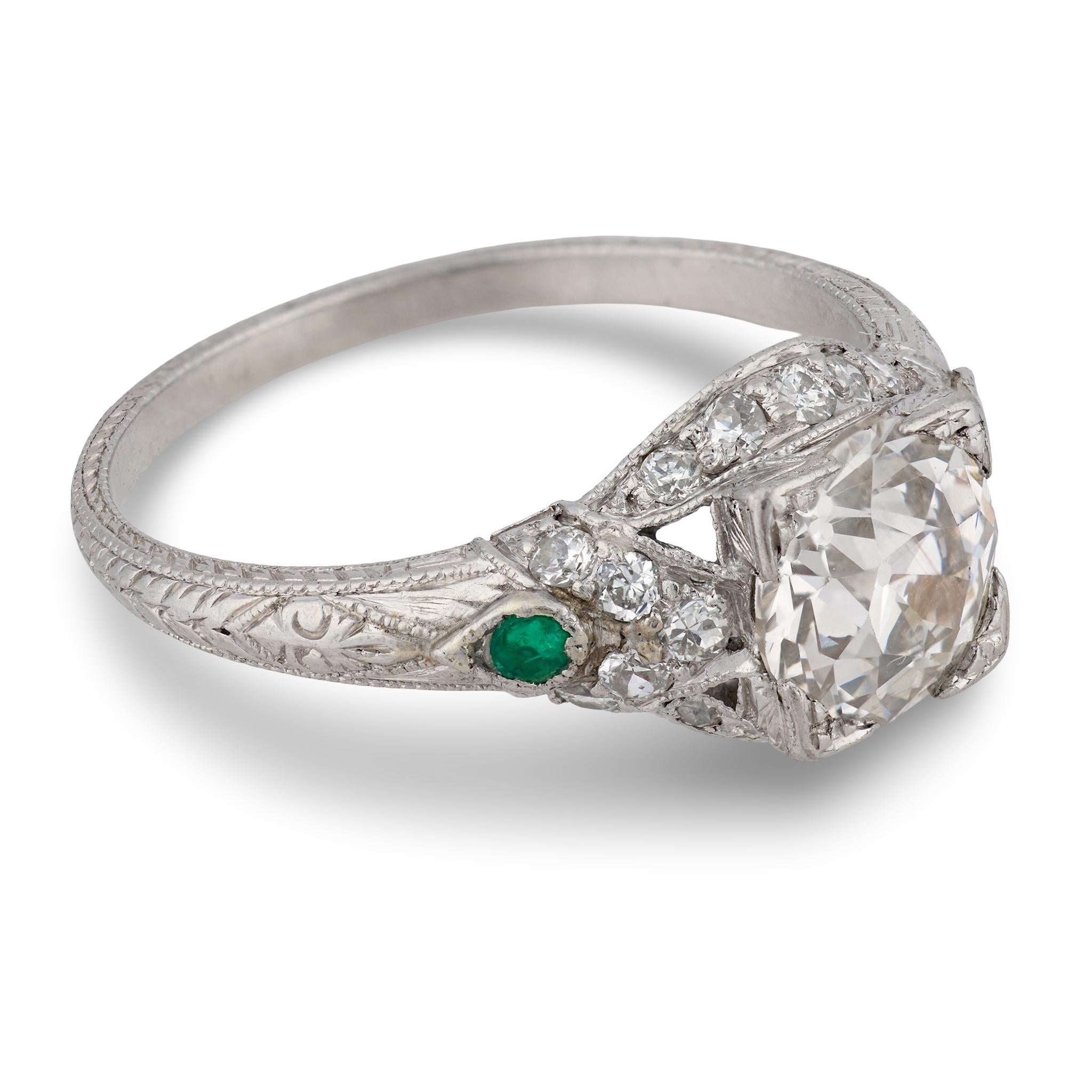 Art Deco Platinum Diamond & Emerald Engagement Ring 1.59ct