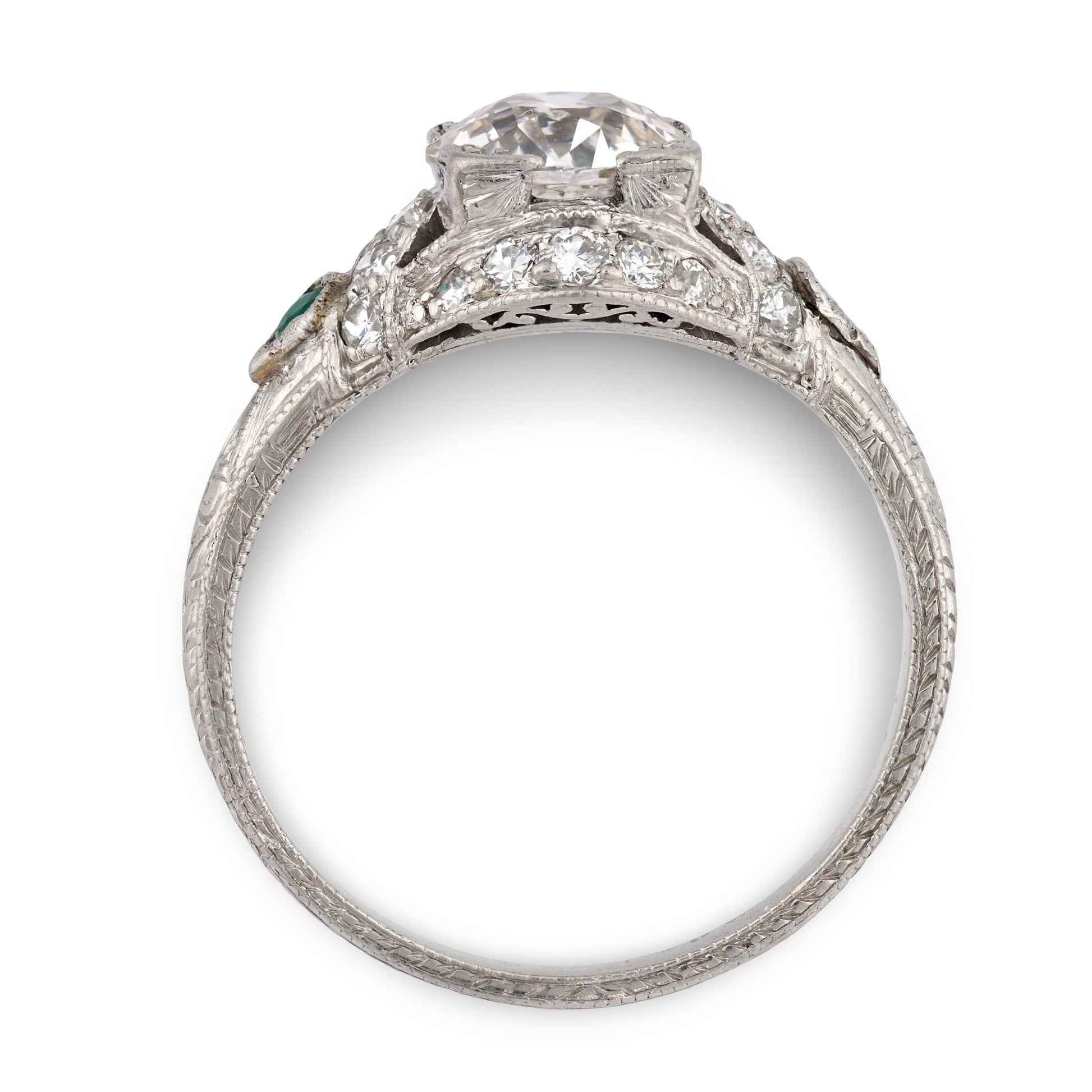 Art Deco Platinum Diamond & Emerald Engagement Ring 1.59ct