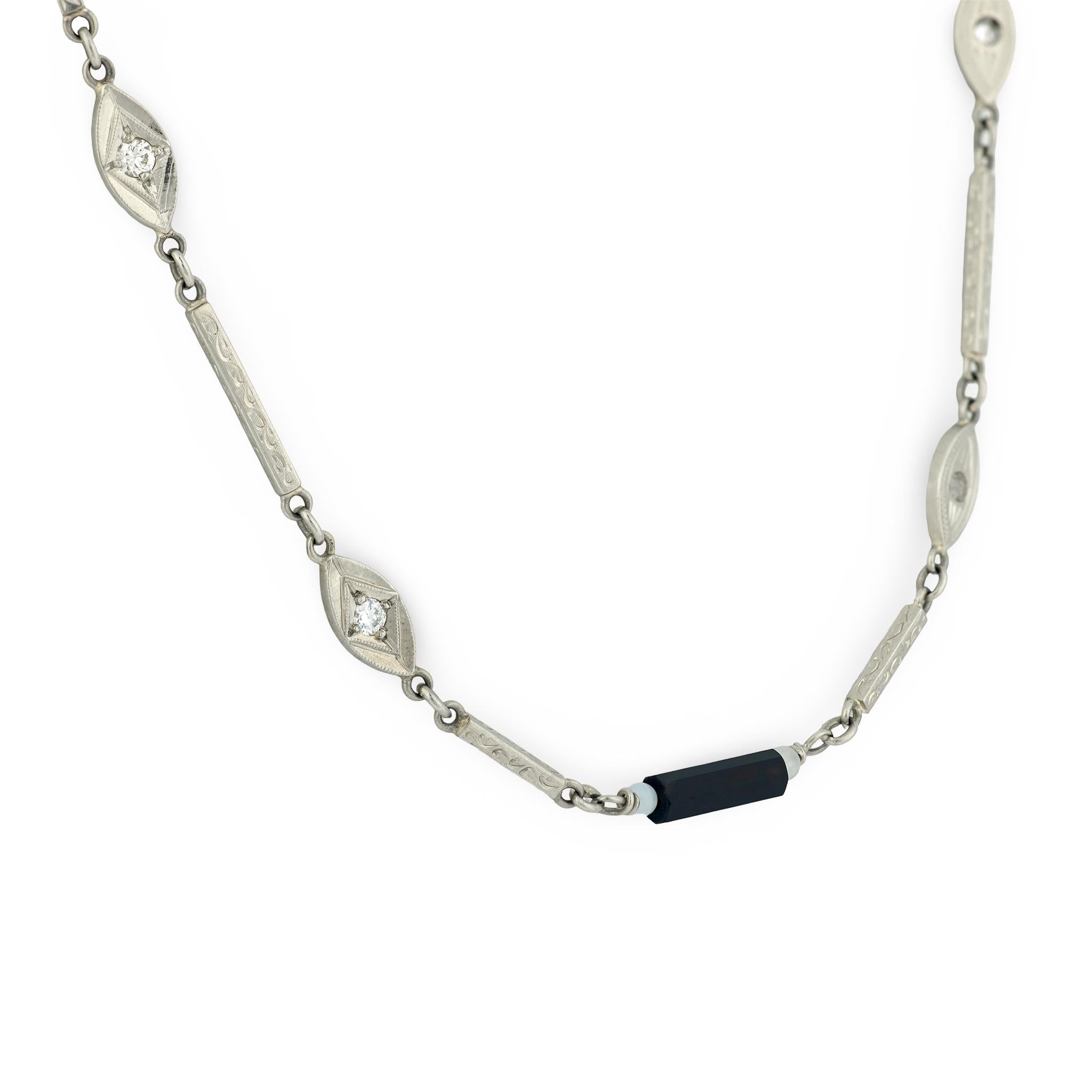Art Deco 14k Diamond, Onyx, and Agate Chain Necklace