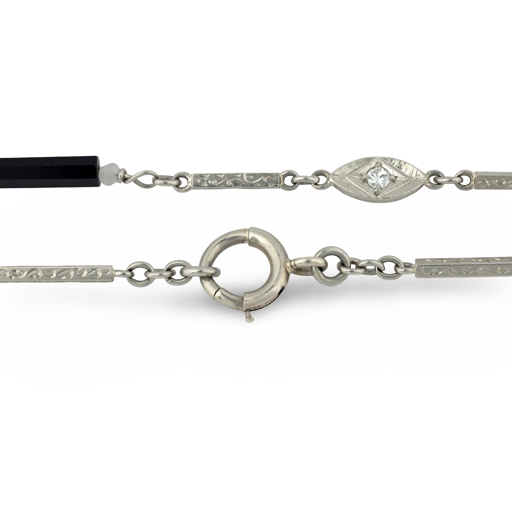 Art Deco 14k Diamond, Onyx, and Agate Chain Necklace