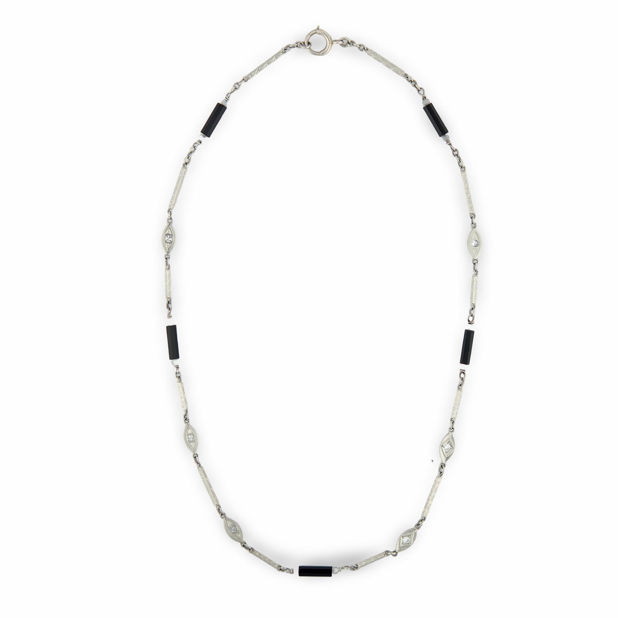 Art Deco 14k Diamond, Onyx, and Agate Chain Necklace