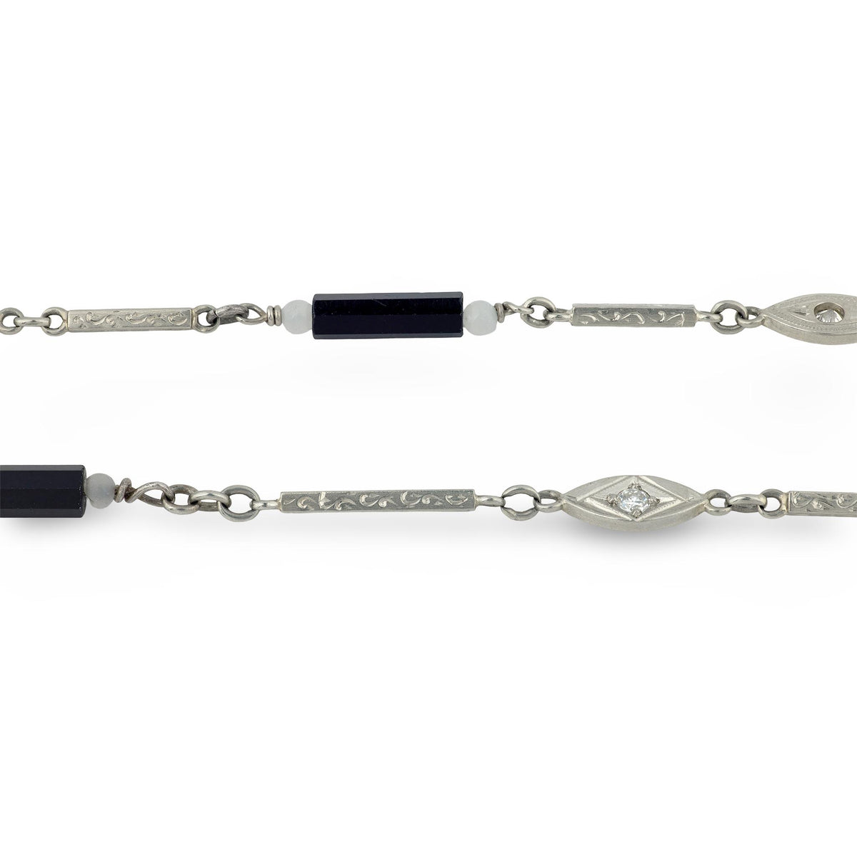 Art Deco 14k Diamond, Onyx, and Agate Chain Necklace