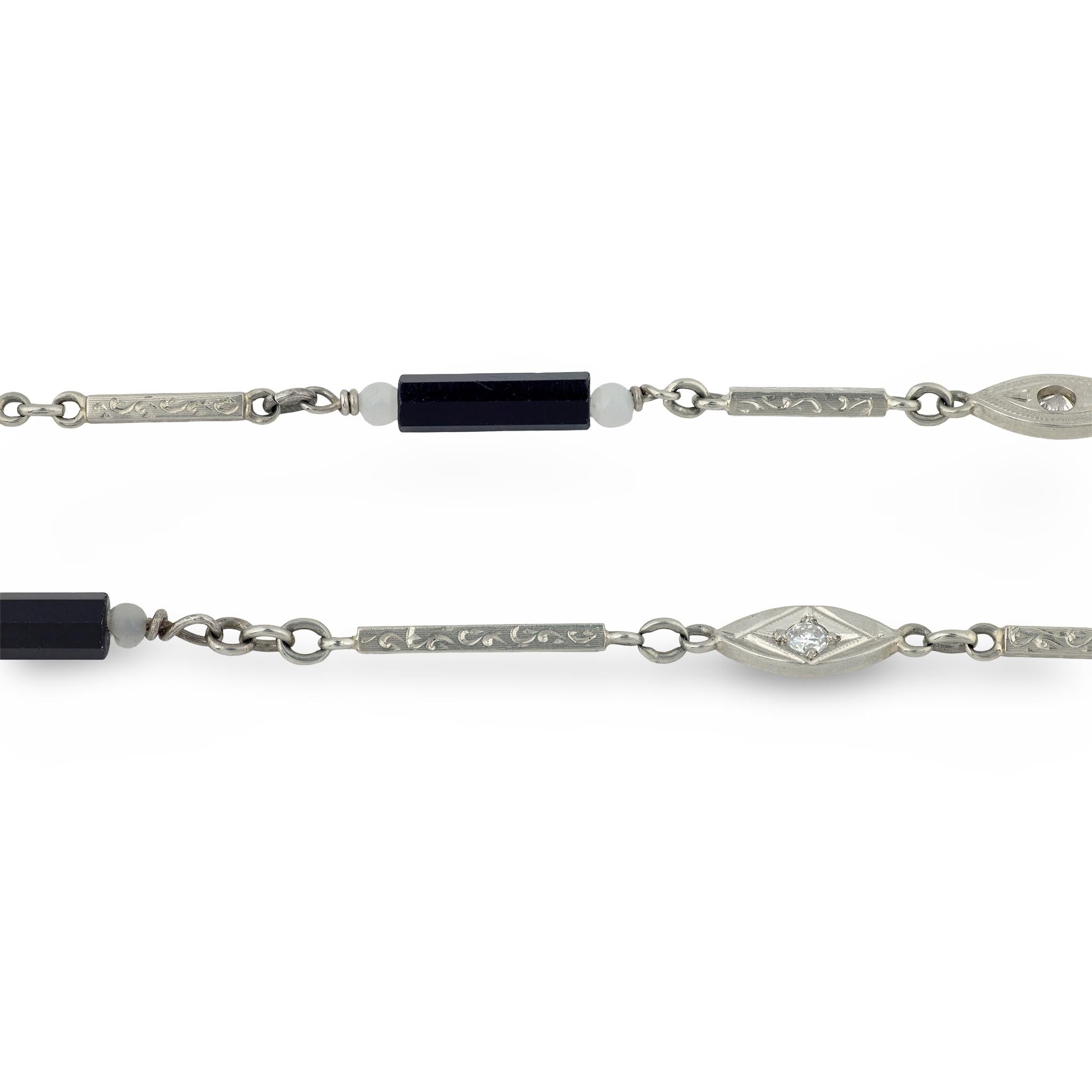 Art Deco 14k Diamond, Onyx, and Agate Chain Necklace