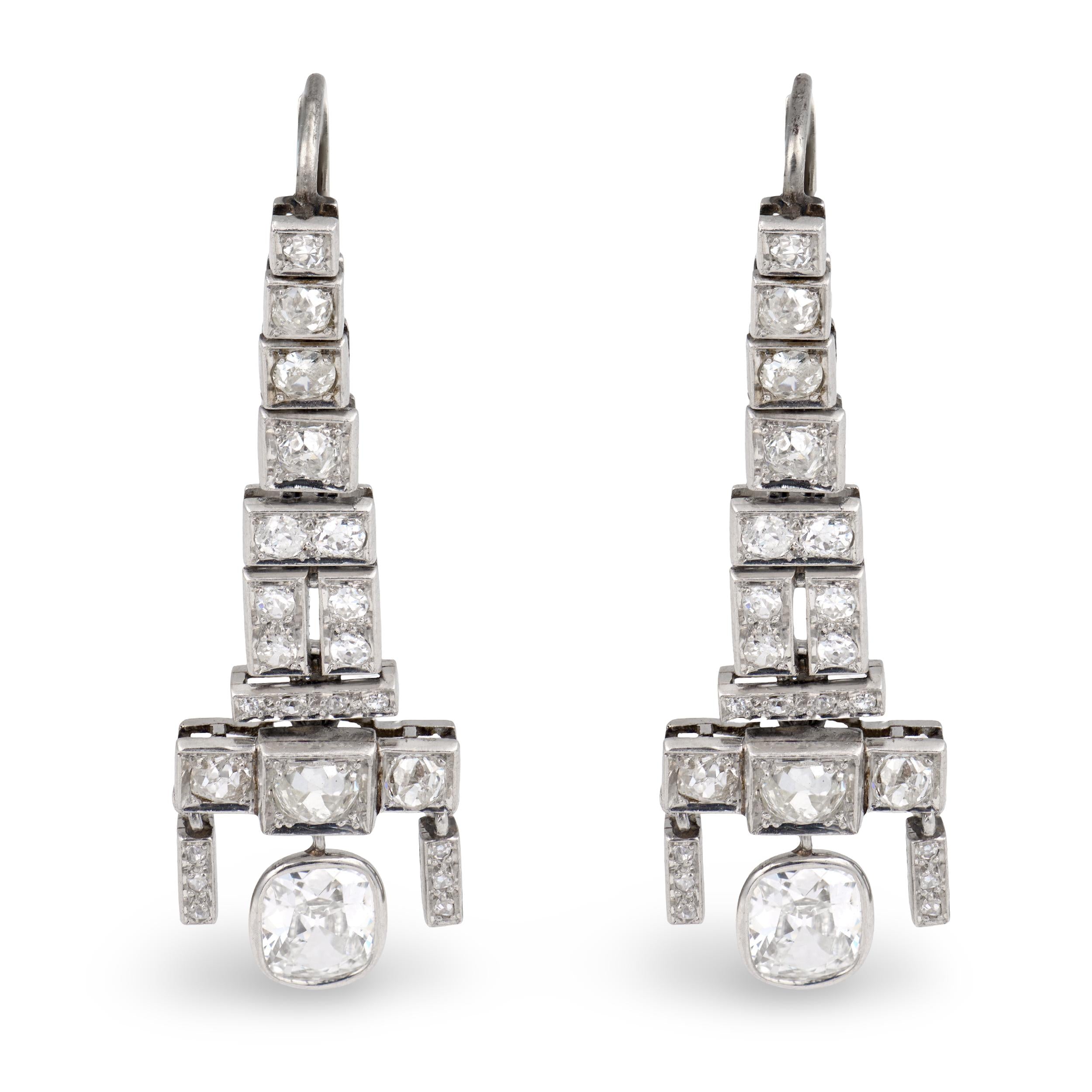 Art Deco Platinum Diamond Dangle Earrings