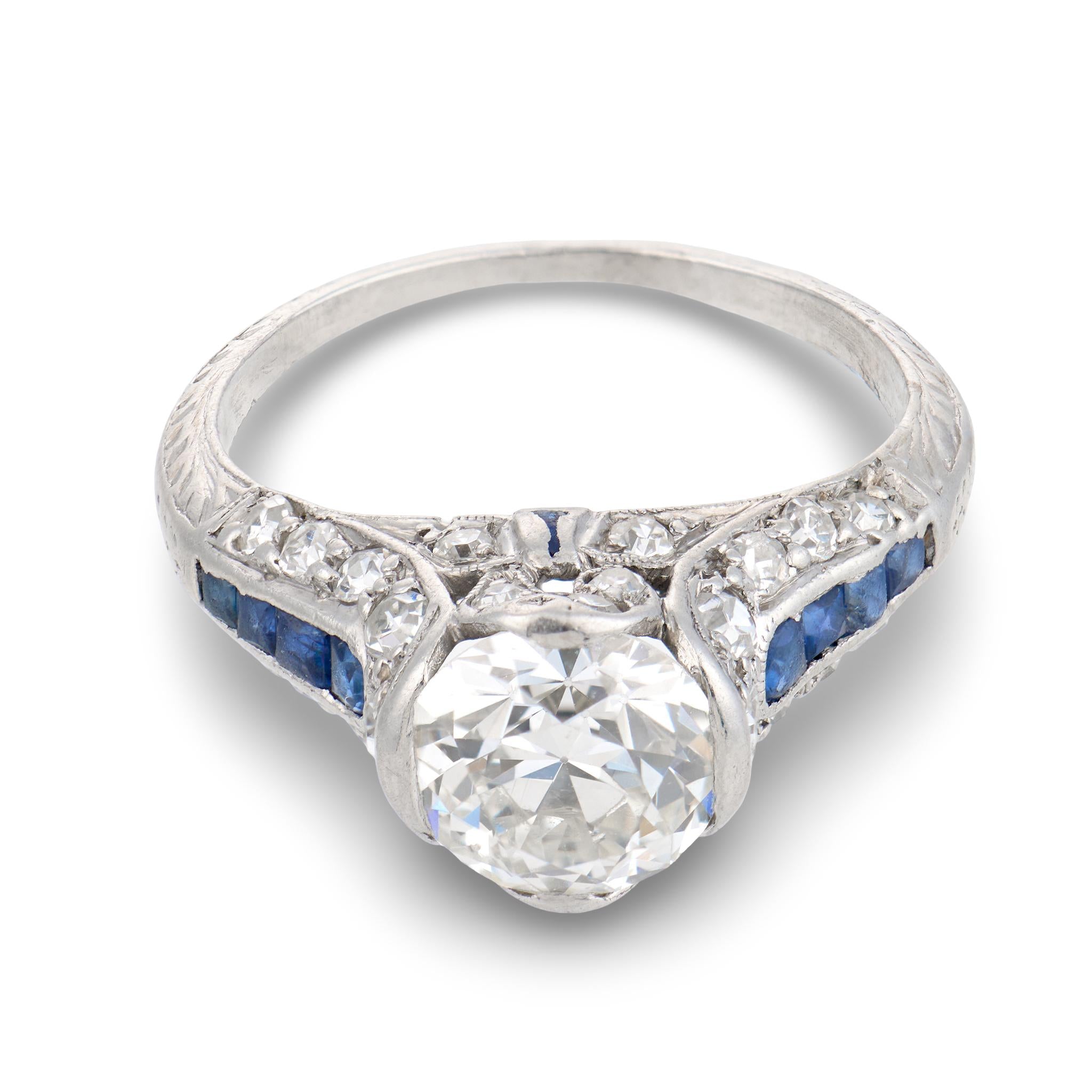 Art Deco Platinum Diamond & Sapphire Engagement Ring 1.30ct