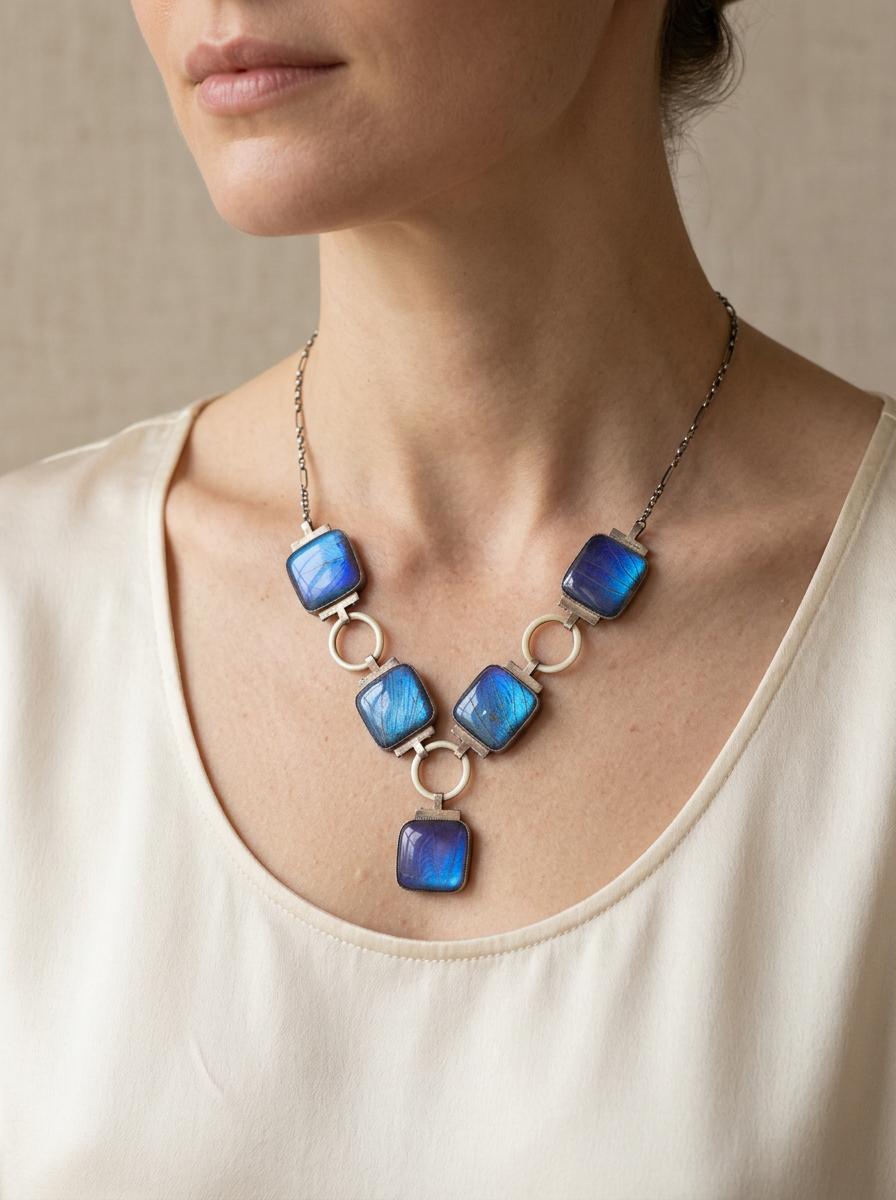 Art Deco Sterling Silver Butterfly-Wing & Mother of Pearl Festoon Necklace