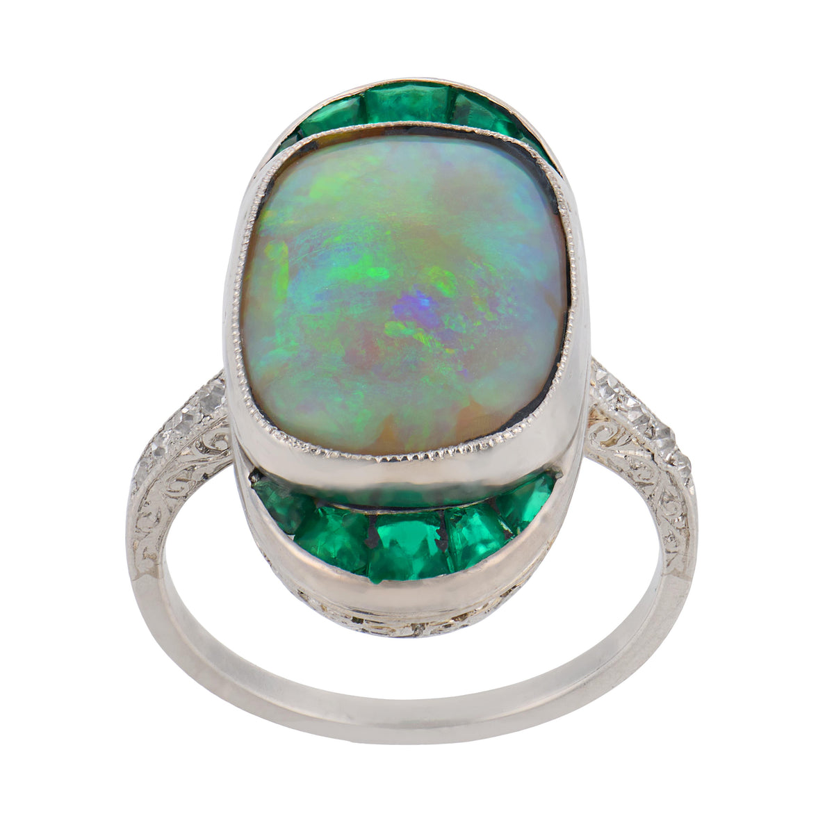 Edwardian Platinum Opal, Emerald, & Diamond Navette Ring