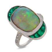 Edwardian Platinum Opal, Emerald, & Diamond Navette Ring