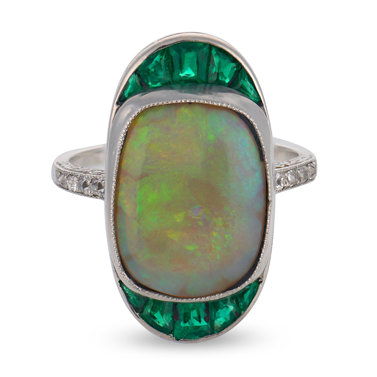 Edwardian Platinum Opal, Emerald, & Diamond Navette Ring
