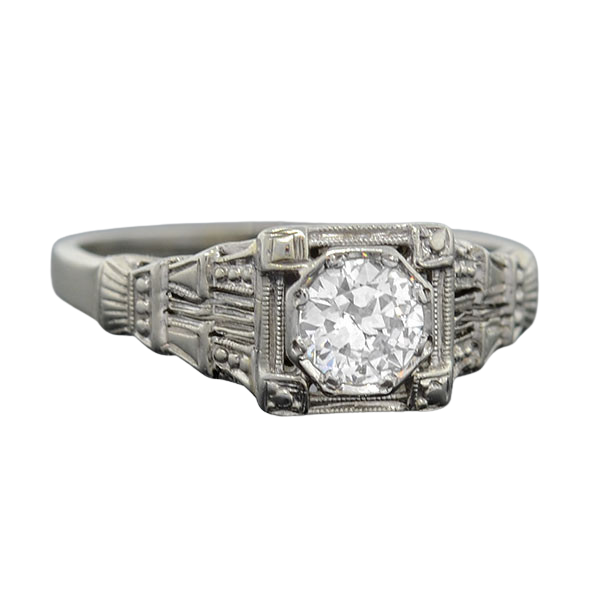 Art Deco 18kt White Gold & Diamond Engagement Ring .36ct