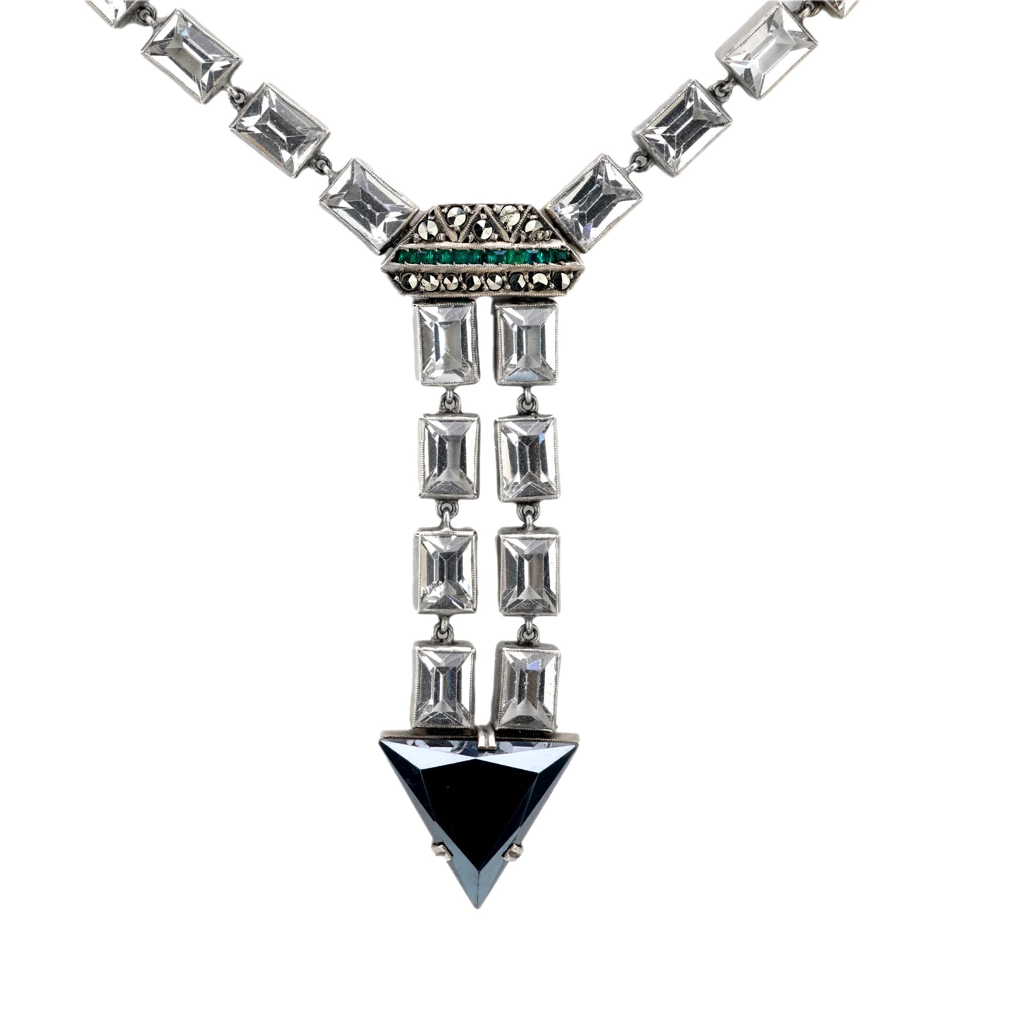 Art Deco German Sterling Silver Crystal and Marcasite Arrow Motif Necklace