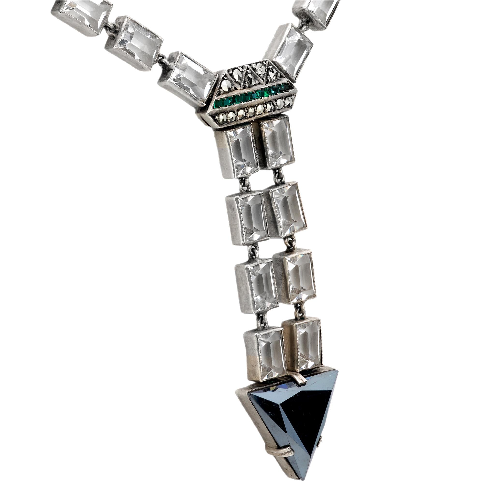 Art Deco German Sterling Silver Crystal and Marcasite Arrow Motif Necklace