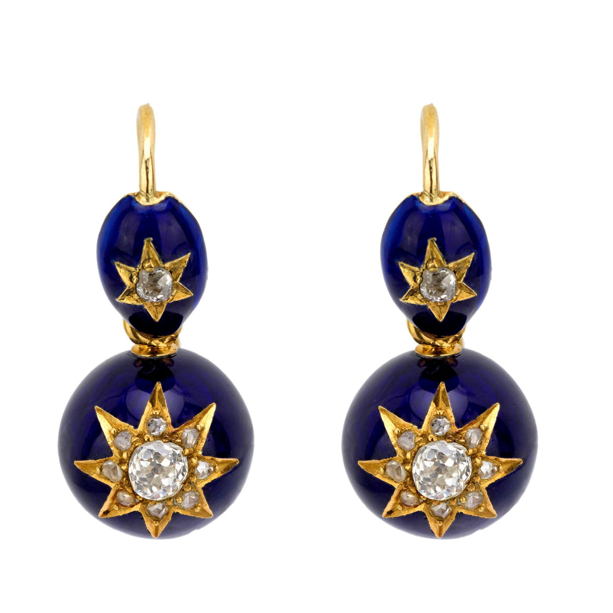Victorian 14k Diamond and Enamel Star Motif Drop Earrings