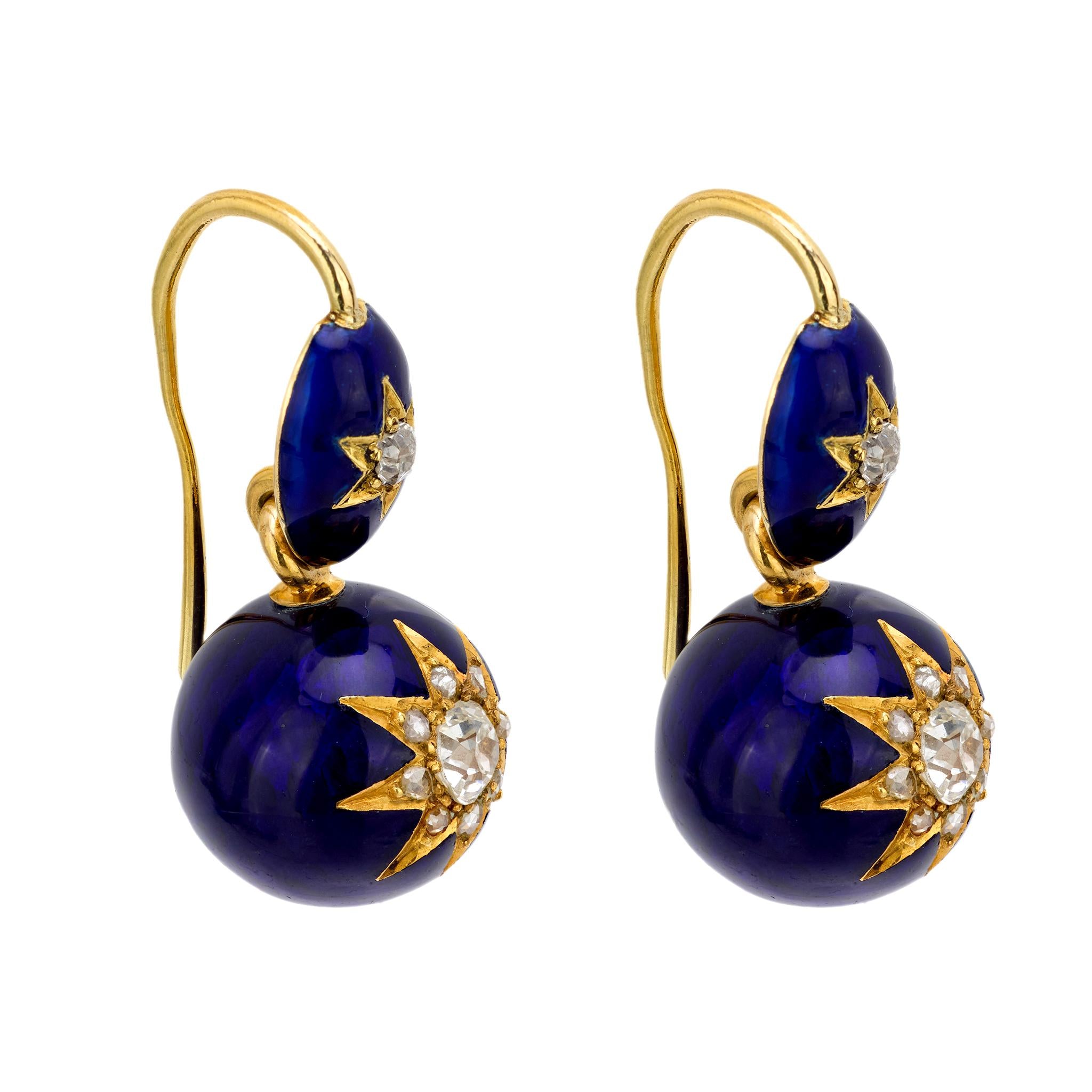 Victorian 14k Diamond and Enamel Star Motif Drop Earrings