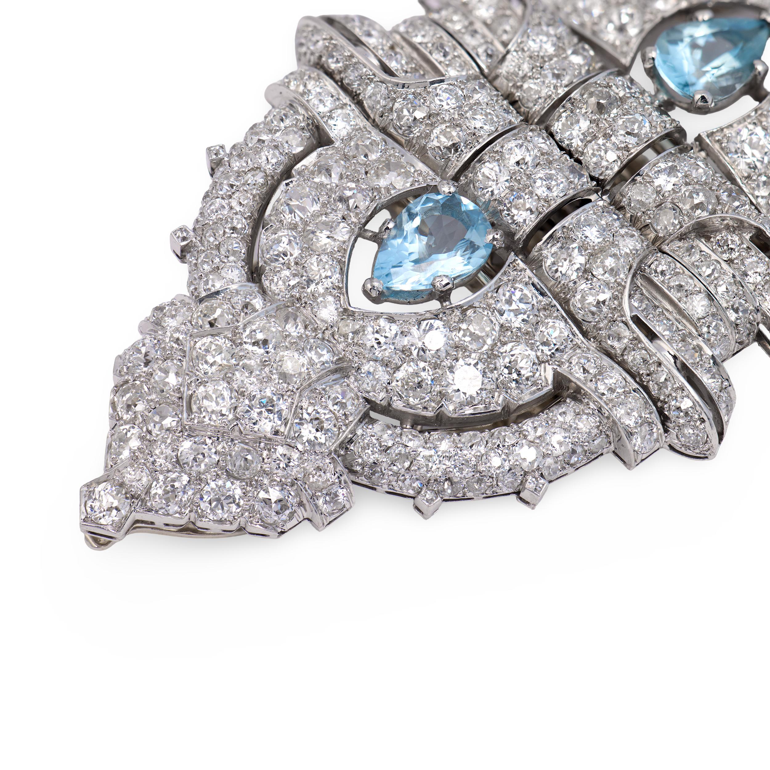 Art Deco Platinum Diamond & Aqua Pin/Fur Clip Set