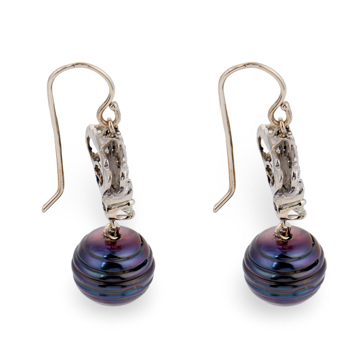 Art Deco 14k Diamond & Black Tahitian Pearl Drop Earrings