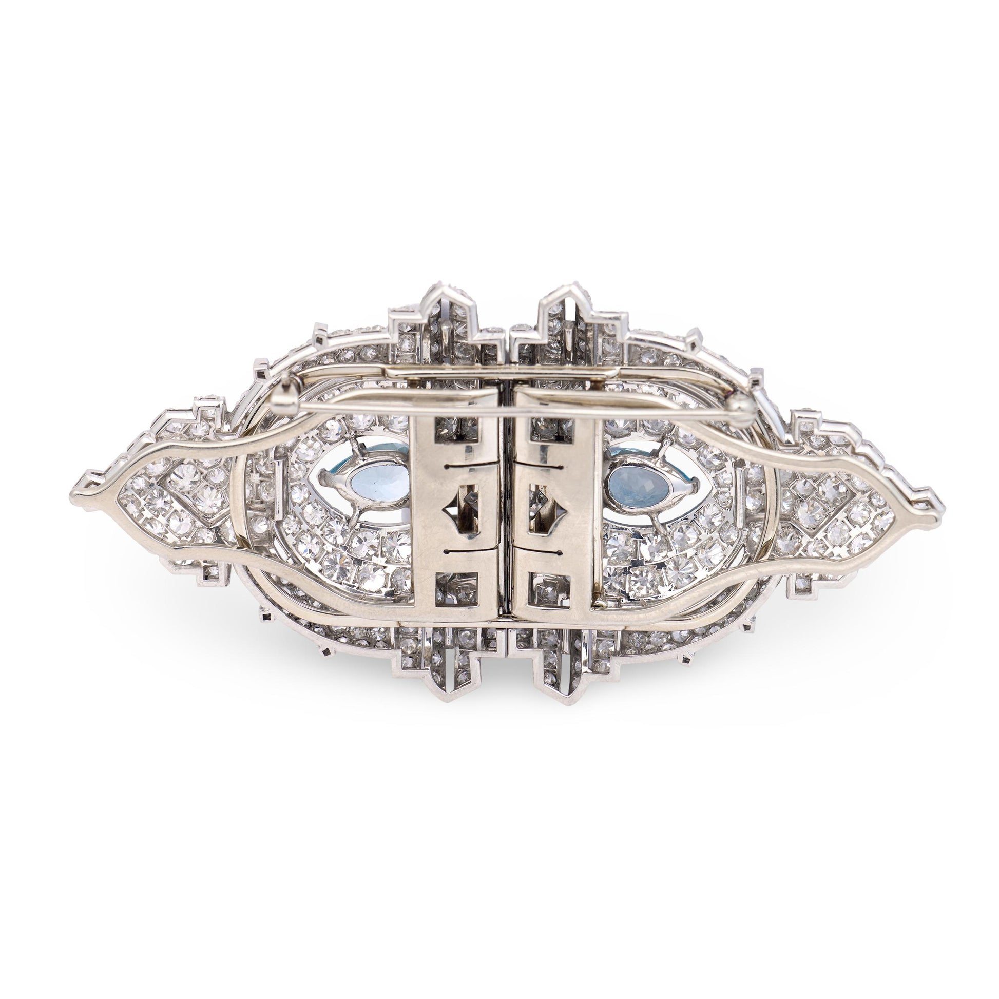 Art Deco Platinum Diamond & Aqua Pin/Fur Clip Set