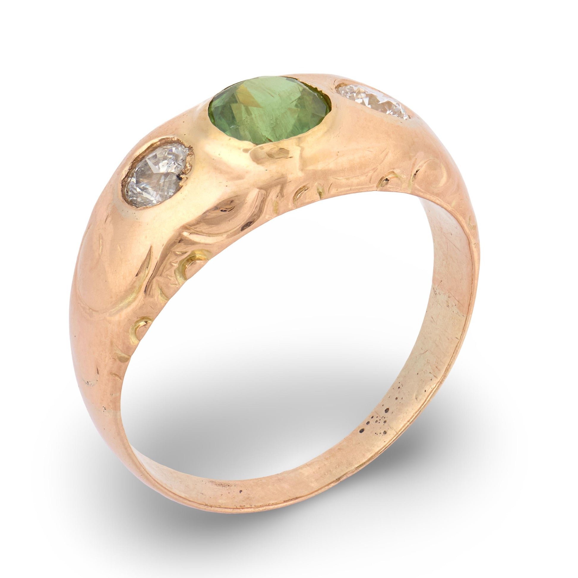 Art Nouveau 14k Demantoid Garnet & Diamond Three Stone Ring