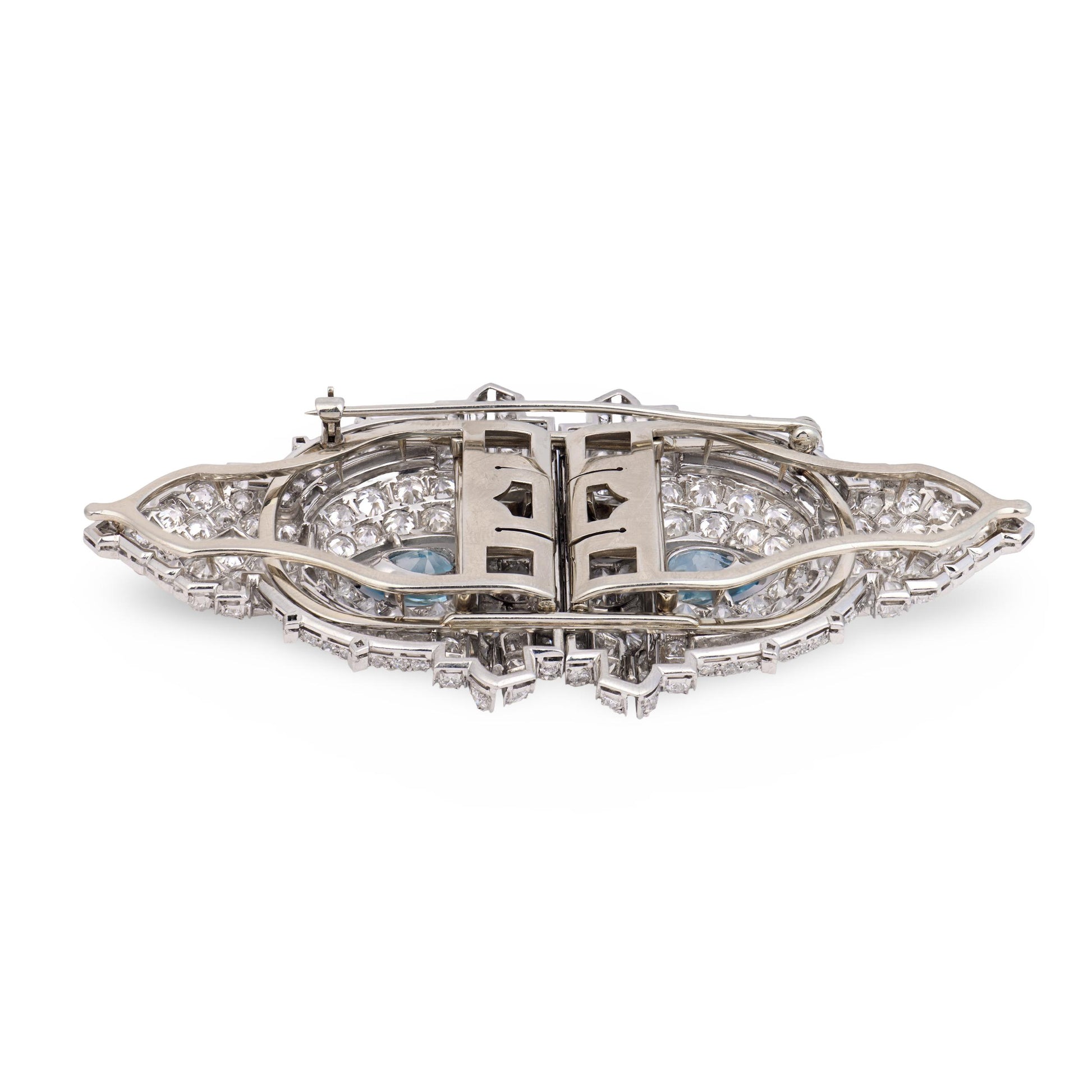 Art Deco Platinum Diamond & Aqua Pin/Fur Clip Set