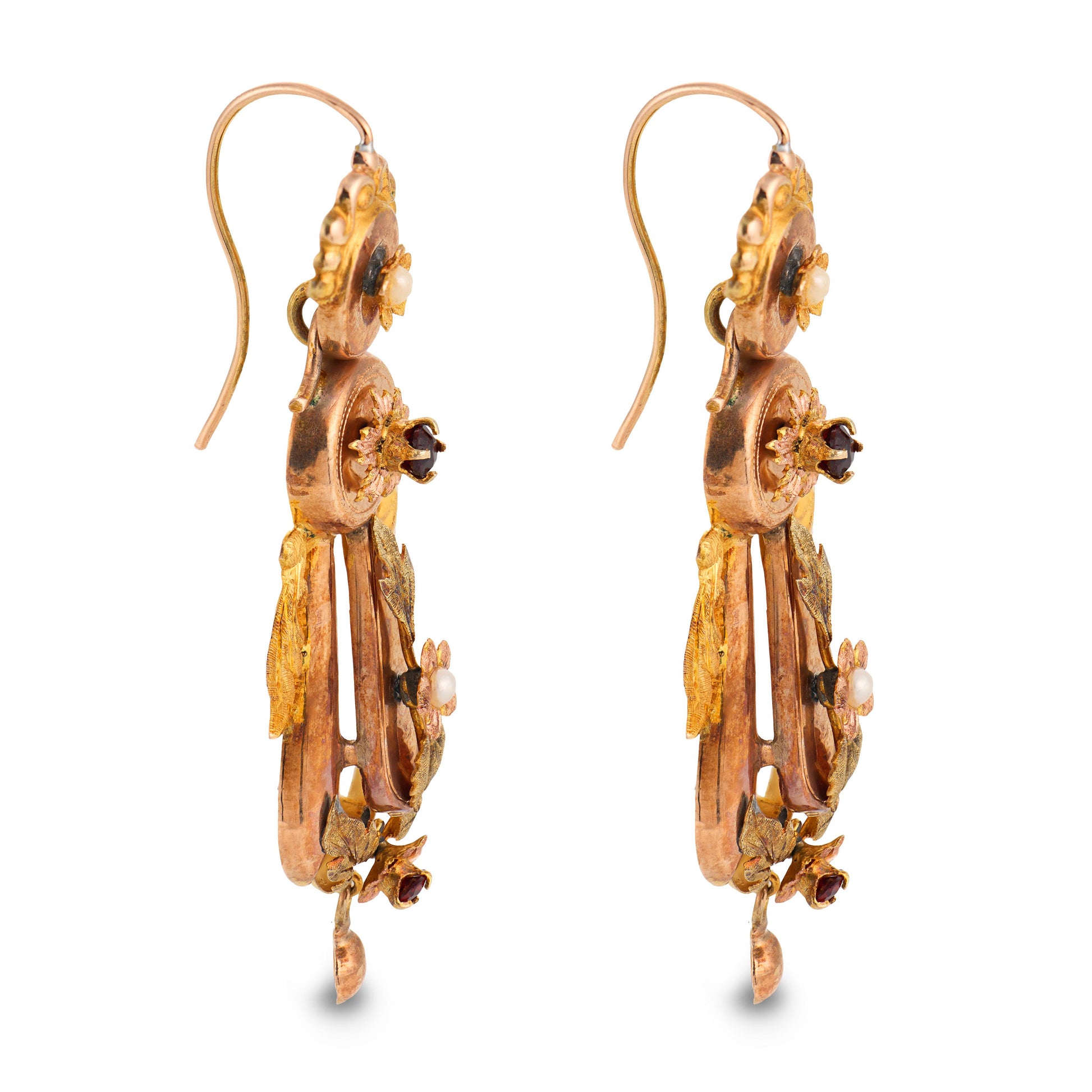 Art Nouveau 14k Pearl & Garnet Dangle Earrings