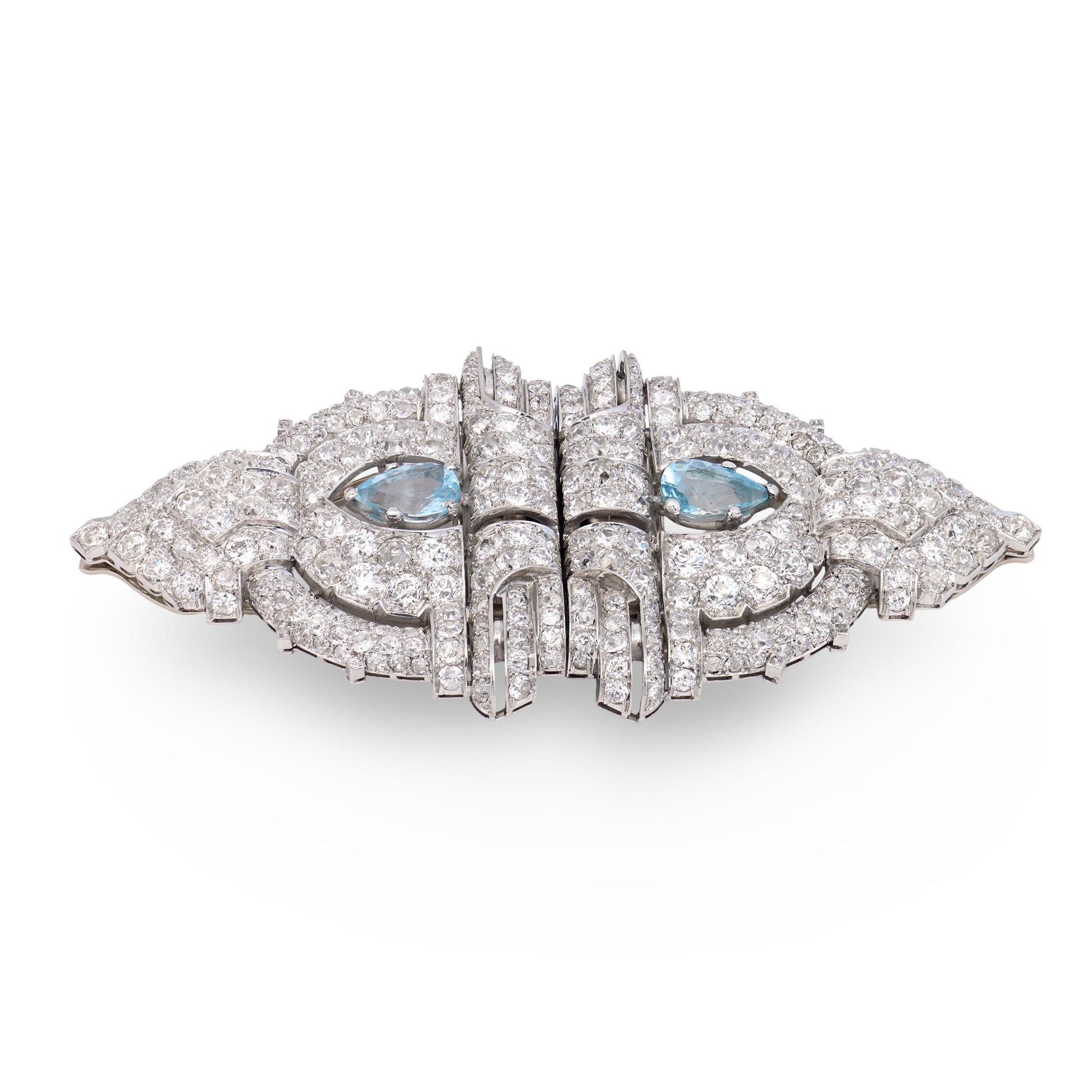 Art Deco Platinum Diamond & Aqua Pin/Fur Clip Set