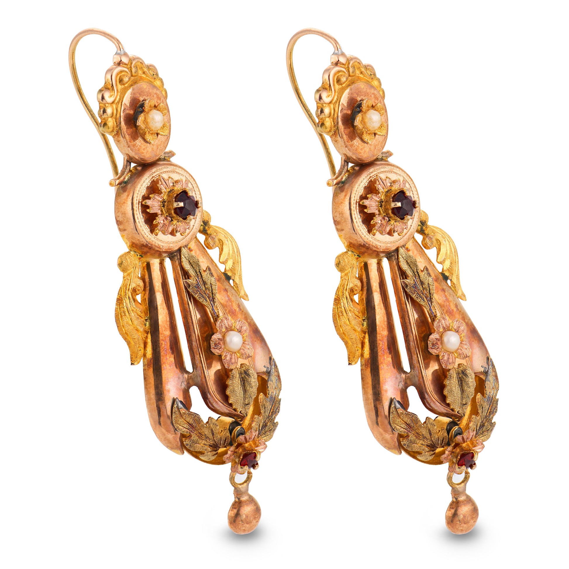 Art Nouveau 14k Pearl & Garnet Dangle Earrings