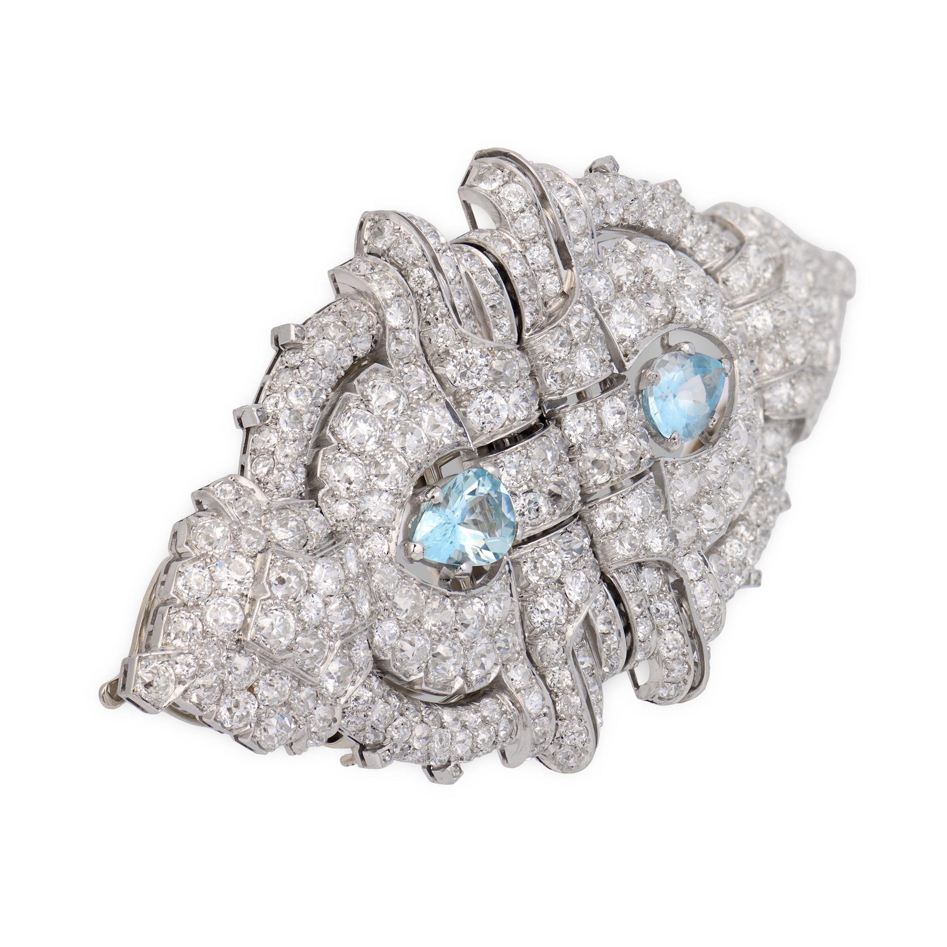 Art Deco Platinum Diamond & Aqua Pin/Fur Clip Set