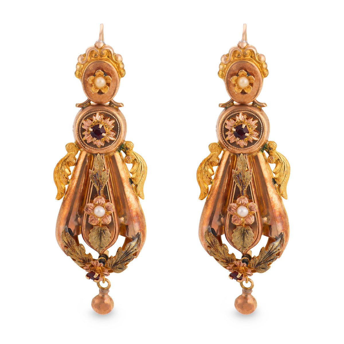 Art Nouveau 14k Pearl & Garnet Dangle Earrings