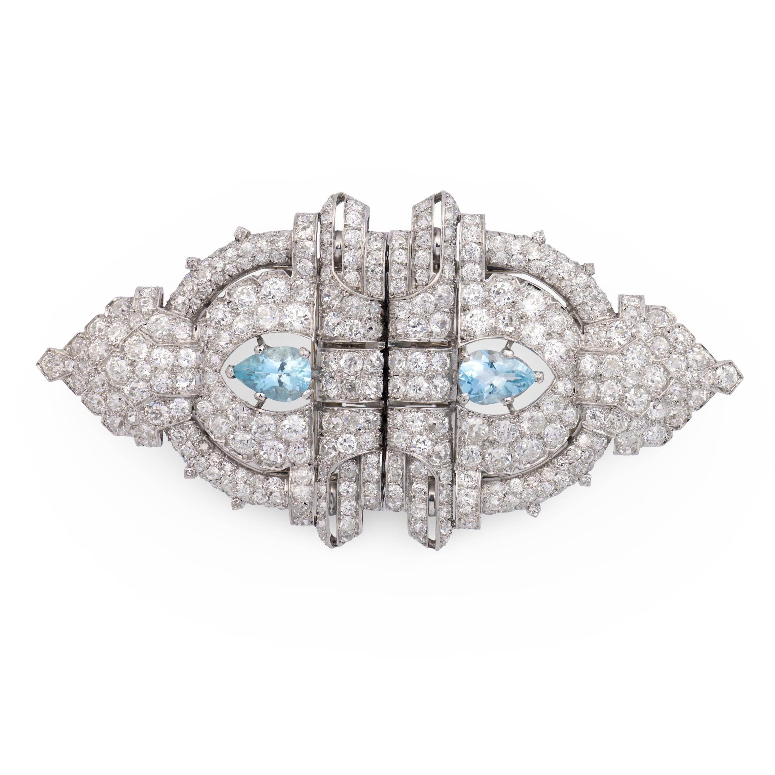 Art Deco Platinum Diamond & Aqua Pin/Fur Clip Set
