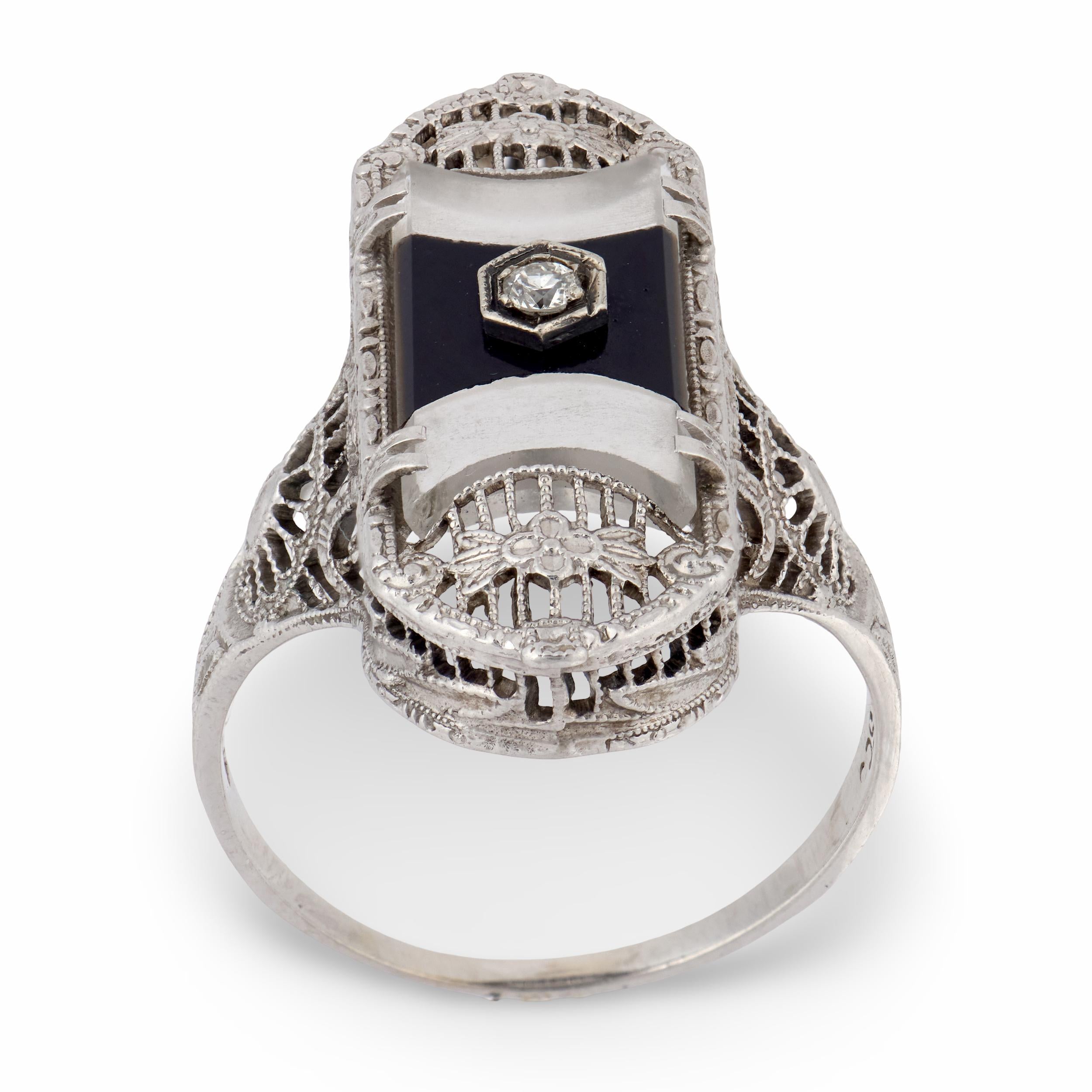 Art Deco 14k Rock Quartz Crystal, Onyx, & Diamond Navette Ring