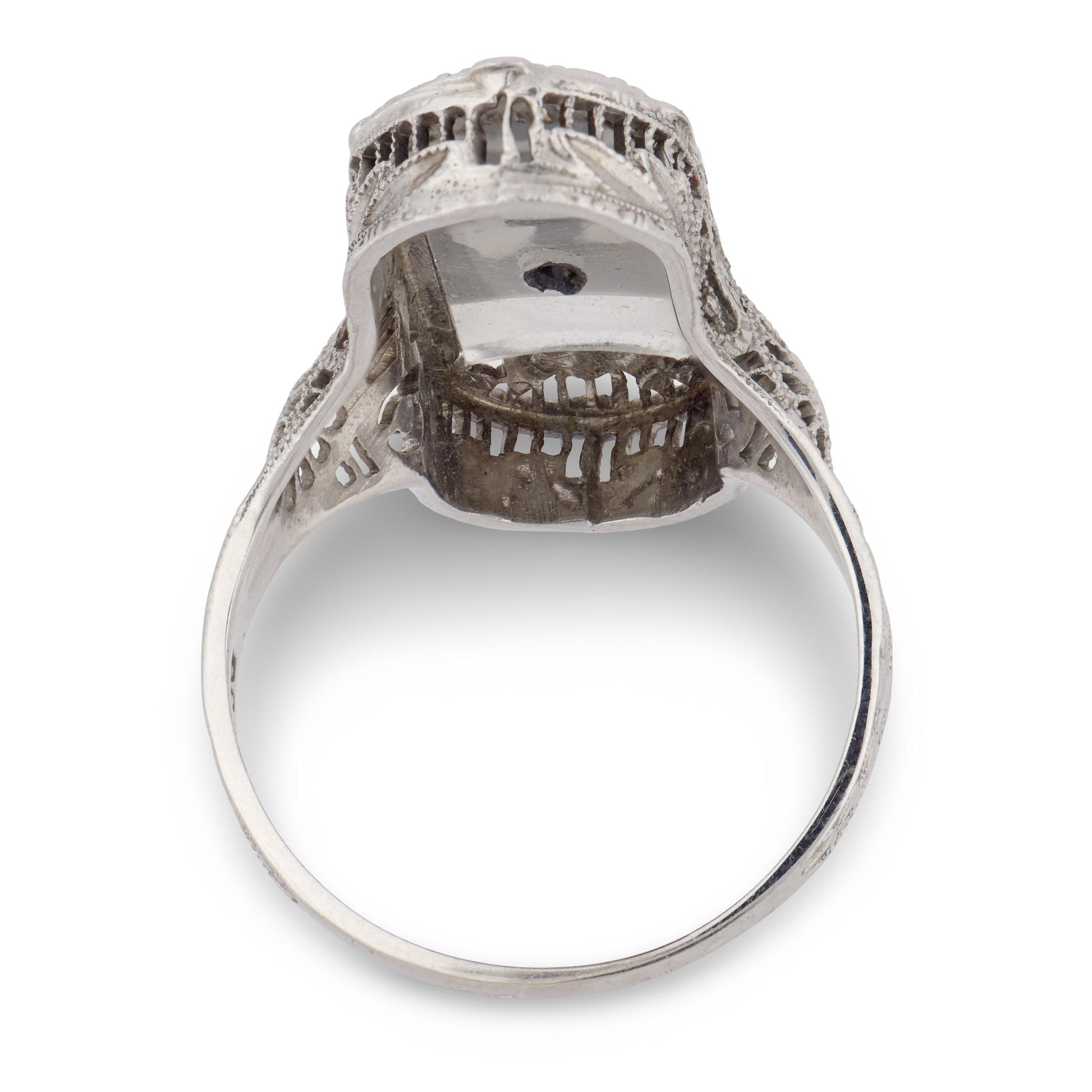 Art Deco 14k Rock Quartz Crystal, Onyx, & Diamond Navette Ring