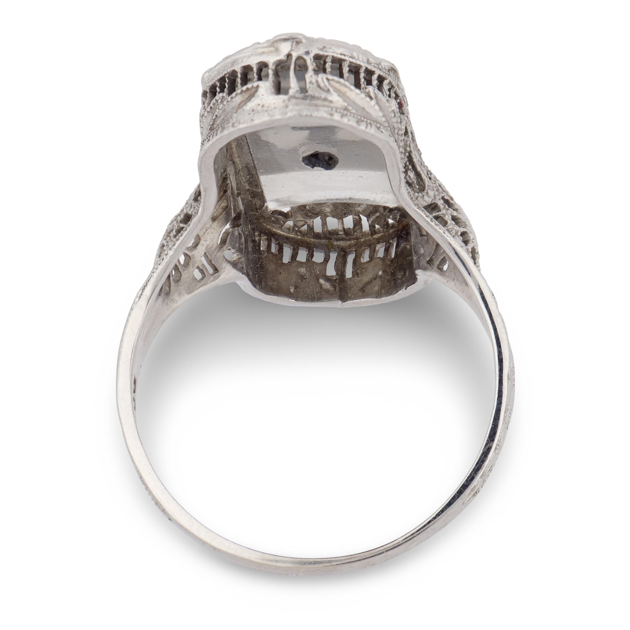 Art Deco 14k Rock Quartz Crystal, Onyx, & Diamond Navette Ring