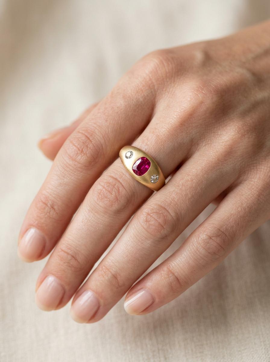 A. KENT & SONS Victorian 14k Ruby & Diamond Flush Mount Ring