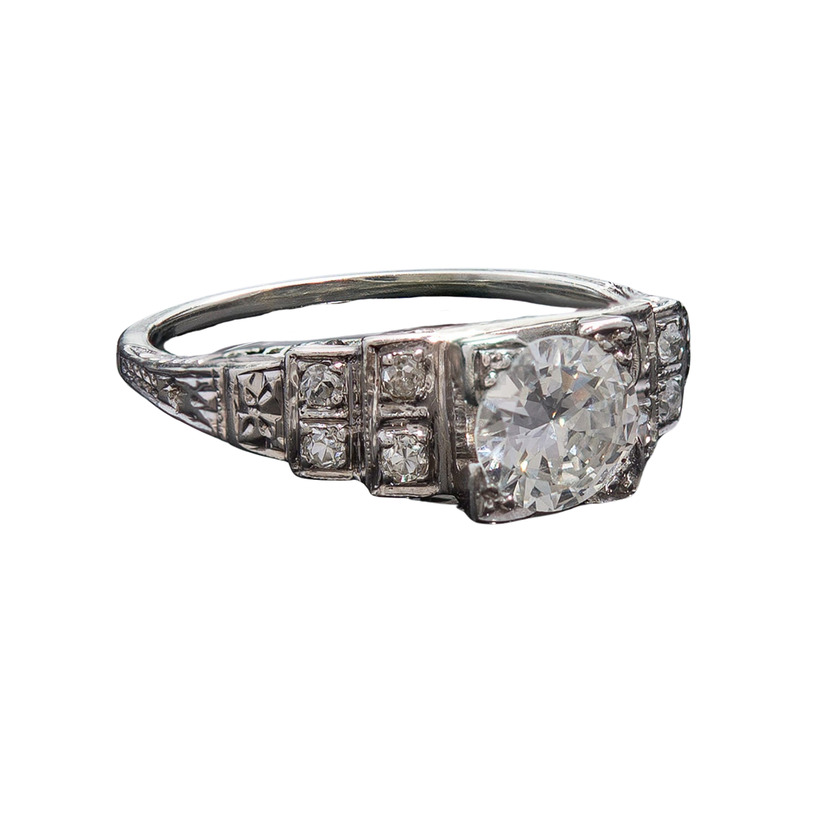 Art Deco Platinum Diamond Engagement Ring .82ct Center
