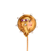 Art Nouveau 14k Enamel, Ruby, Diamond, & Pearl Lady Stick Pin