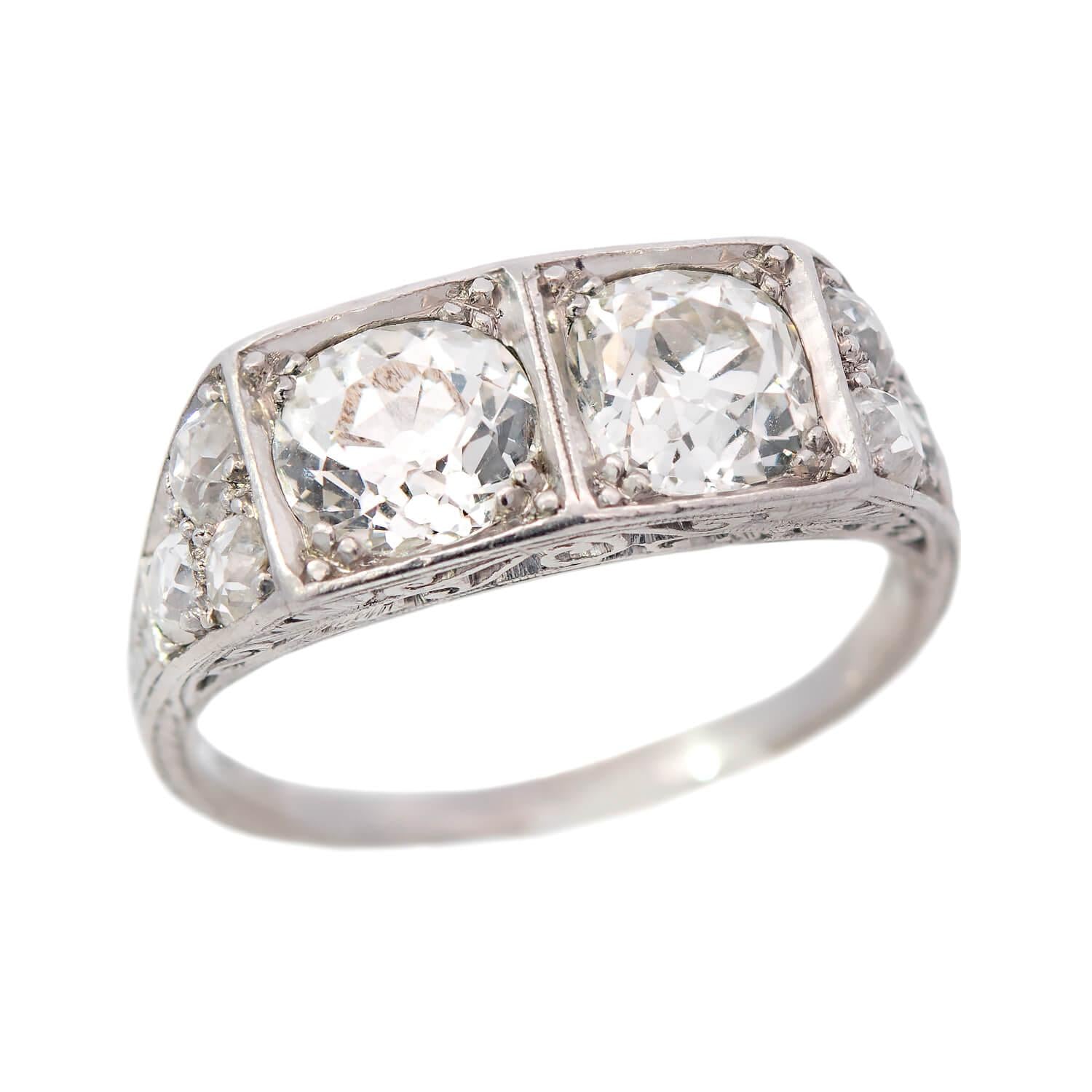 Art Deco Platinum Two Stone Diamond Engagement Ring 2.87ctw