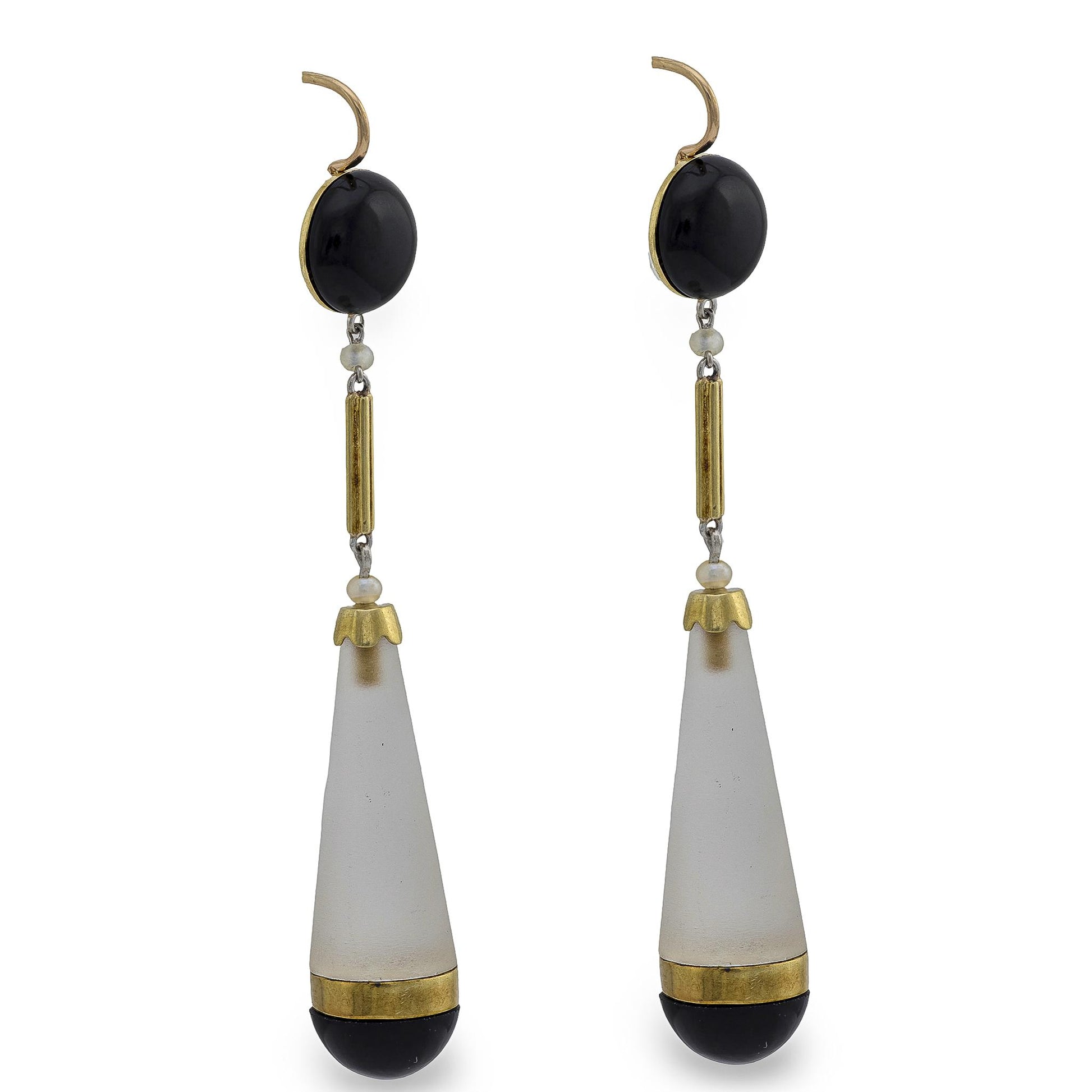 Victorian 14k Rock Quartz Crystal Onyx and Seed Pearl Drop Earrings