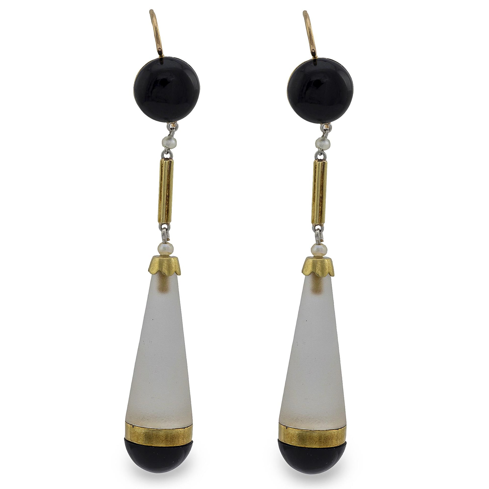 Victorian 14k Rock Quartz Crystal Onyx and Seed Pearl Drop Earrings