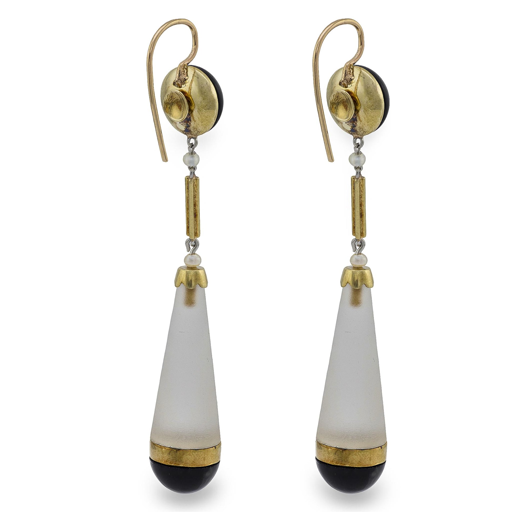 Victorian 14k Rock Quartz Crystal Onyx and Seed Pearl Drop Earrings