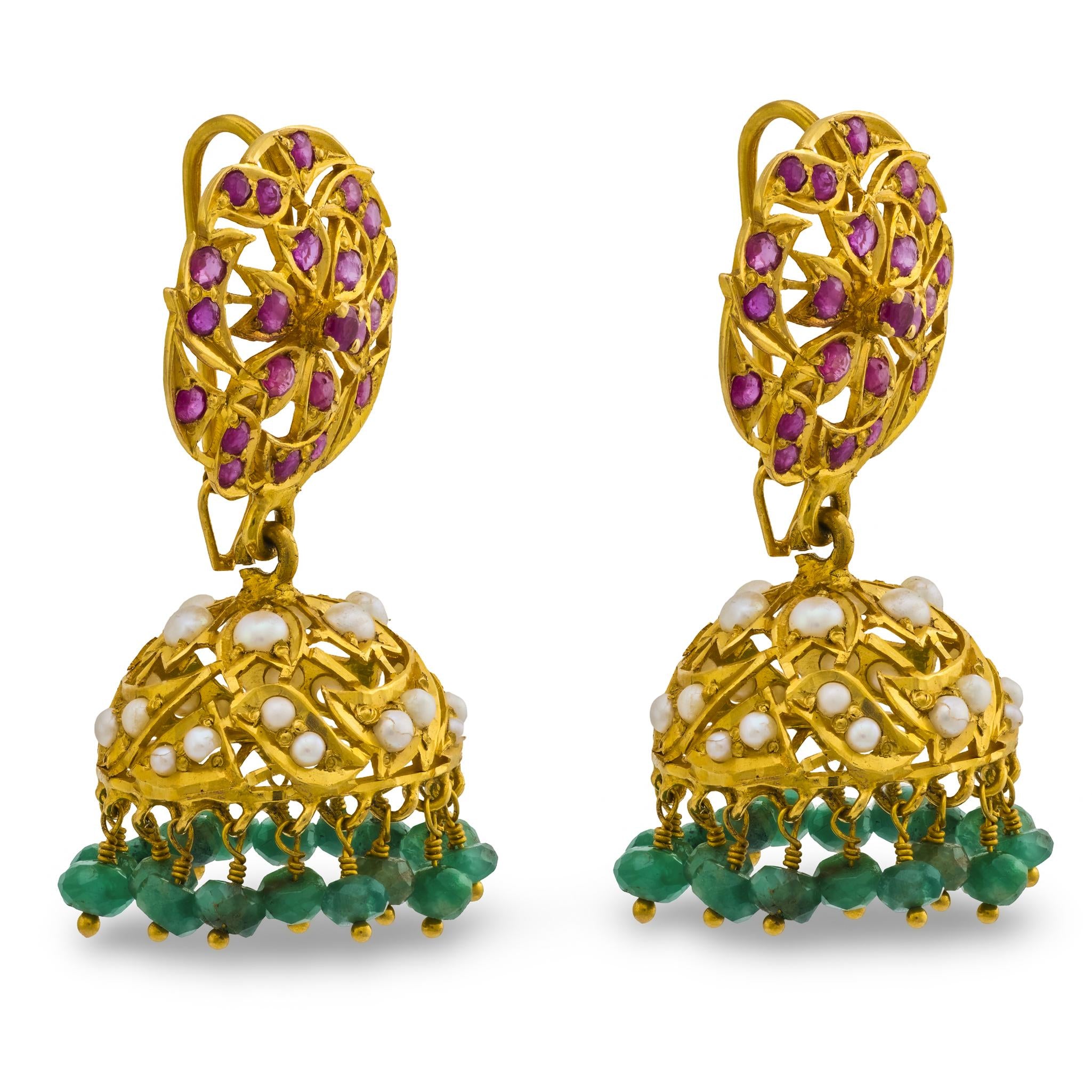 Estate 18k Ruby, Pearl, & Emerald Chandelier Earrings