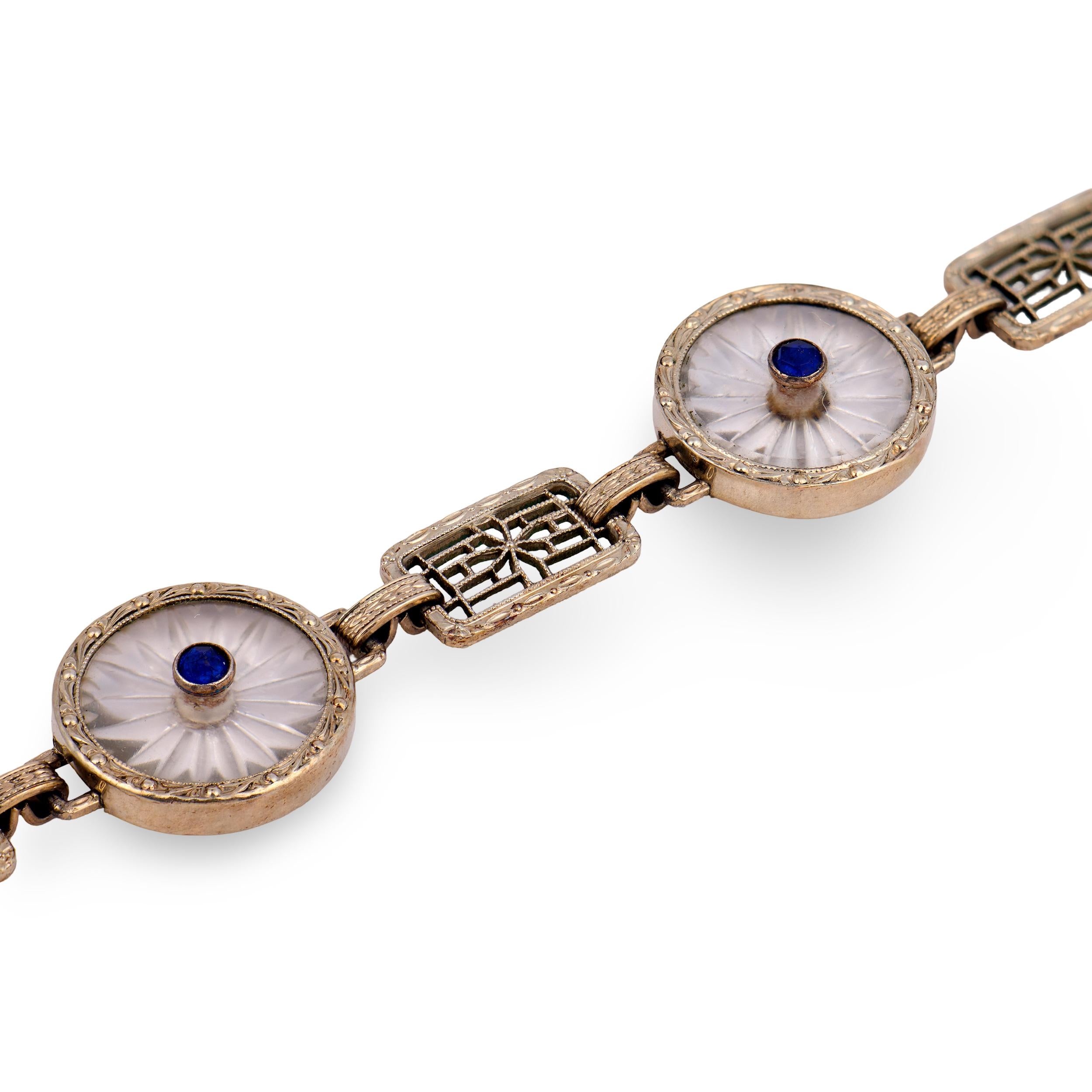 KREMENTZ & CO. Art Deco 14k Rock Quartz Crystal & Sapphire Line Bracelet