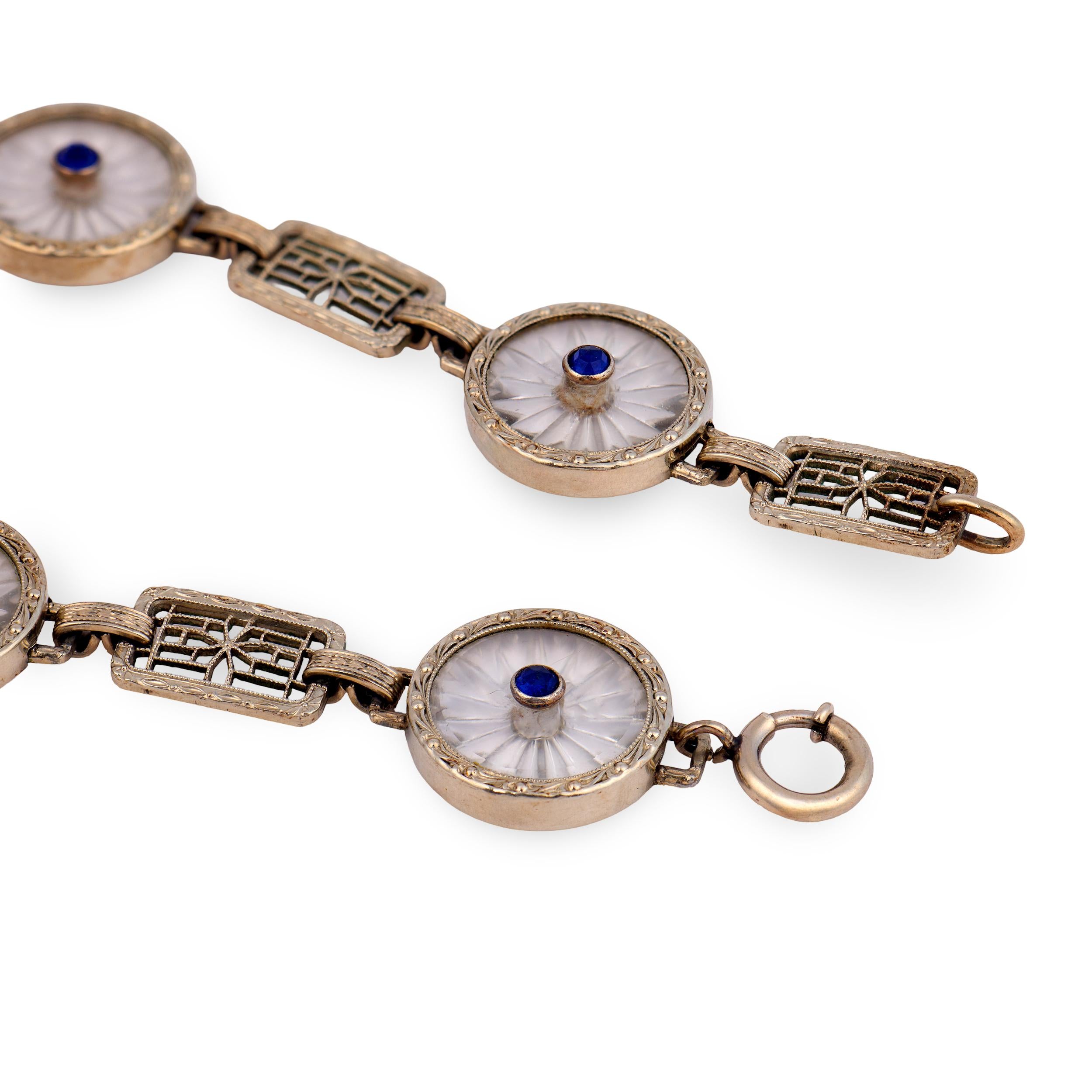 KREMENTZ & CO. Art Deco 14k Rock Quartz Crystal & Sapphire Line Bracelet