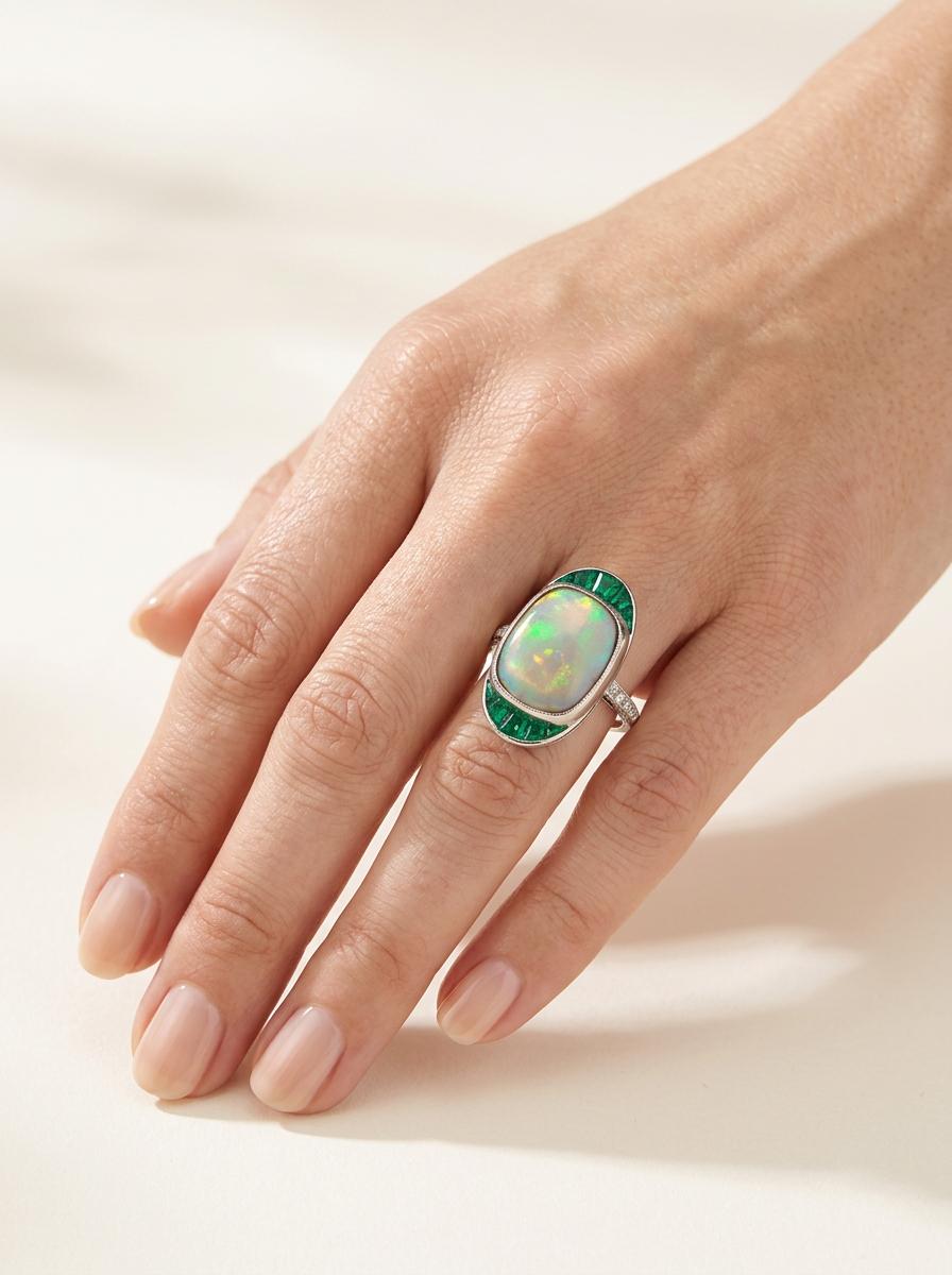 Edwardian Platinum Opal, Emerald, & Diamond Navette Ring