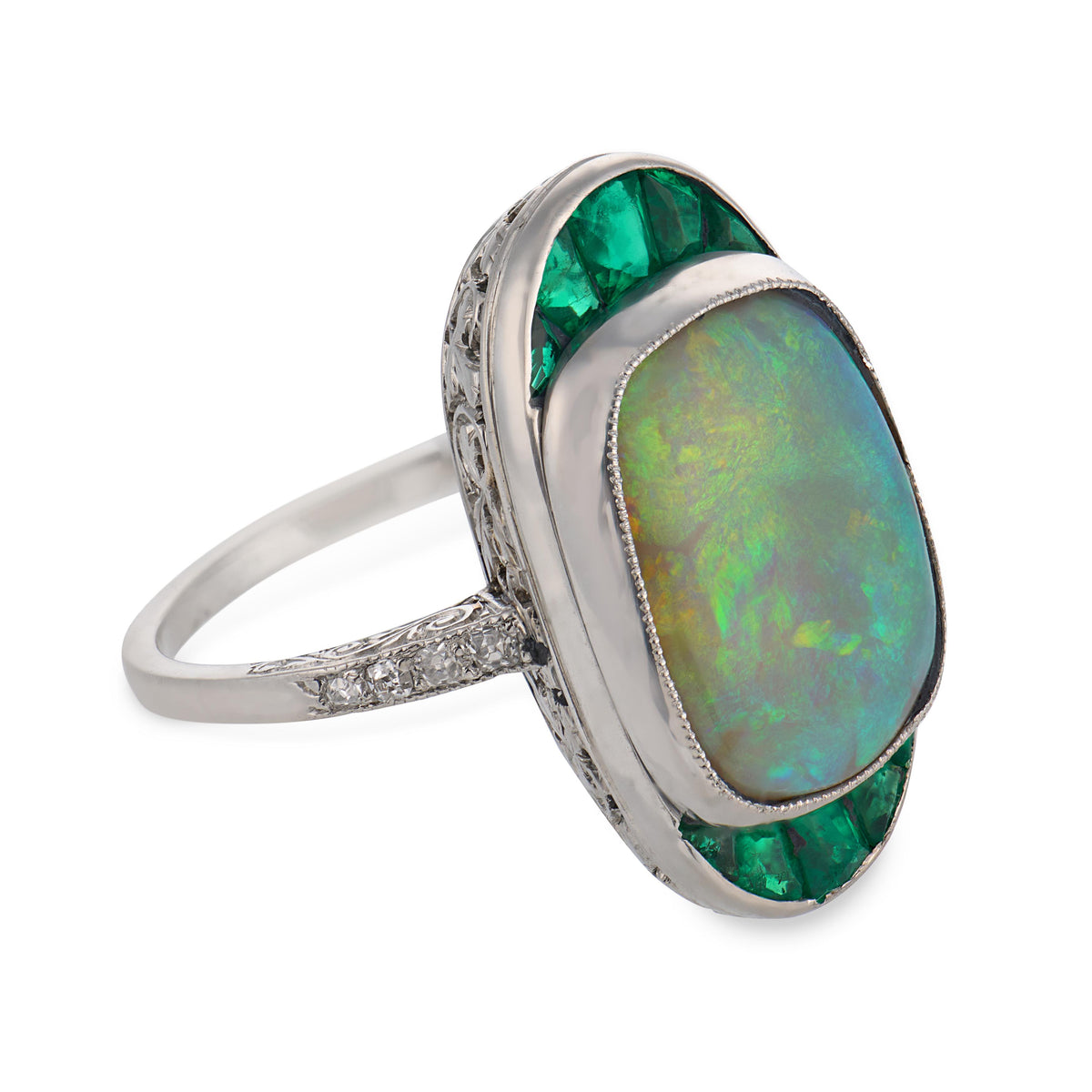 Edwardian Platinum Opal, Emerald, & Diamond Navette Ring