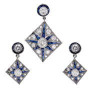 Edwardian Platinum Diamond and Sapphire Star-Motif Earring and Pendant Set
