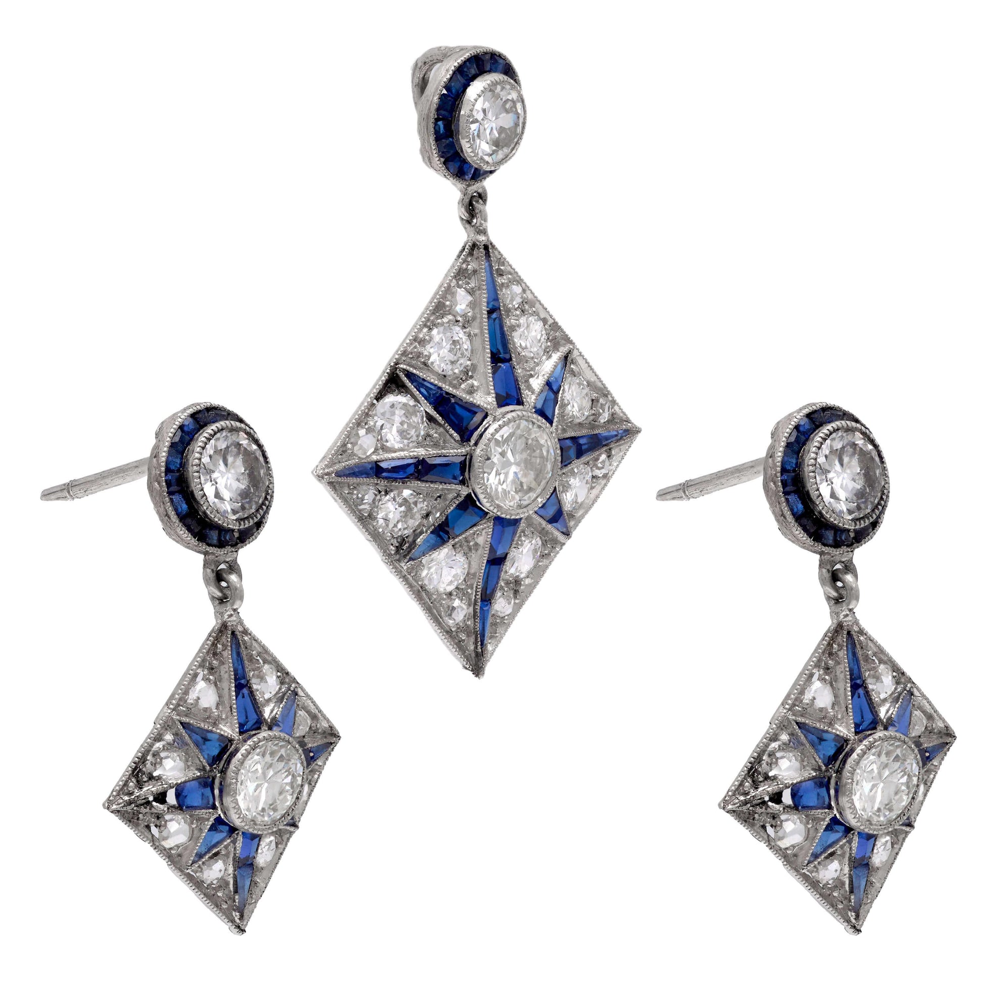 Edwardian Platinum Diamond and Sapphire Star-Motif Earring and Pendant Set