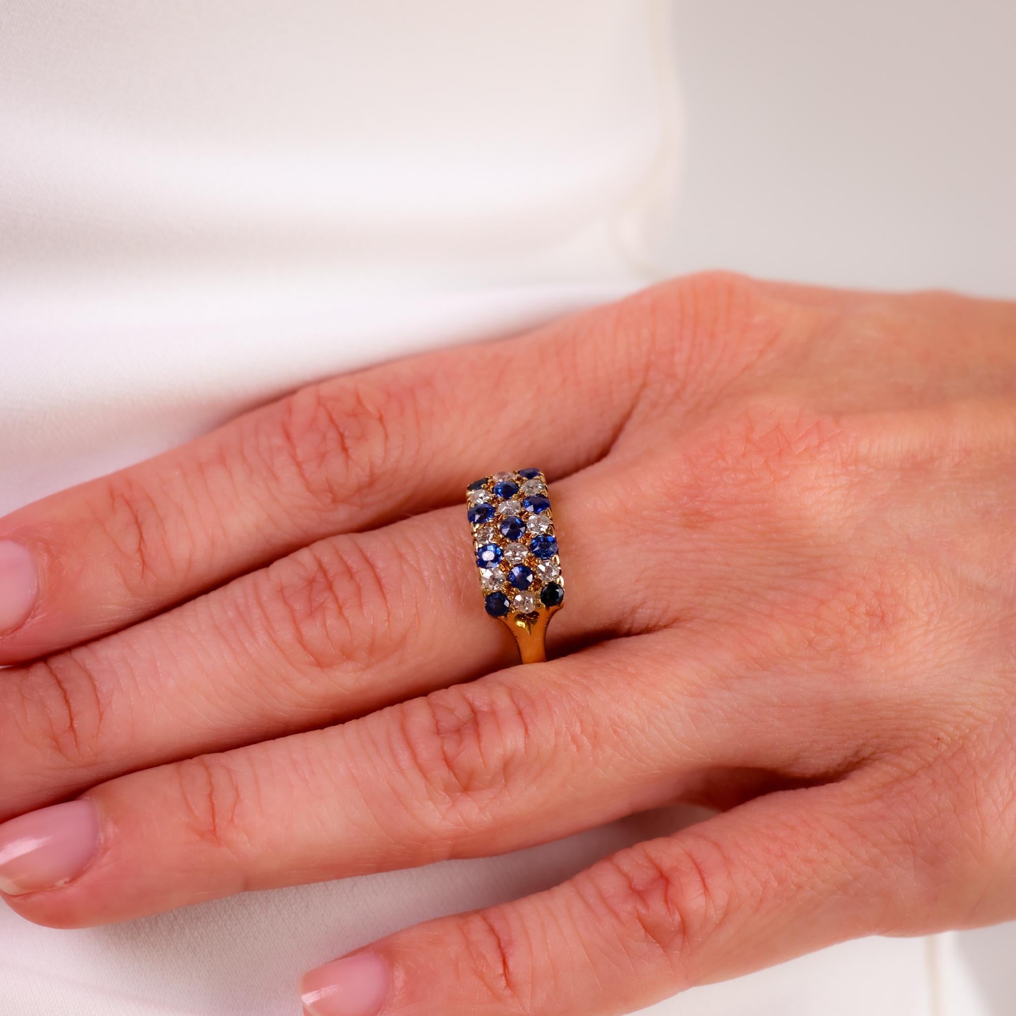 Edwardian English 18k Sapphire & Diamond Checkerboard Ring