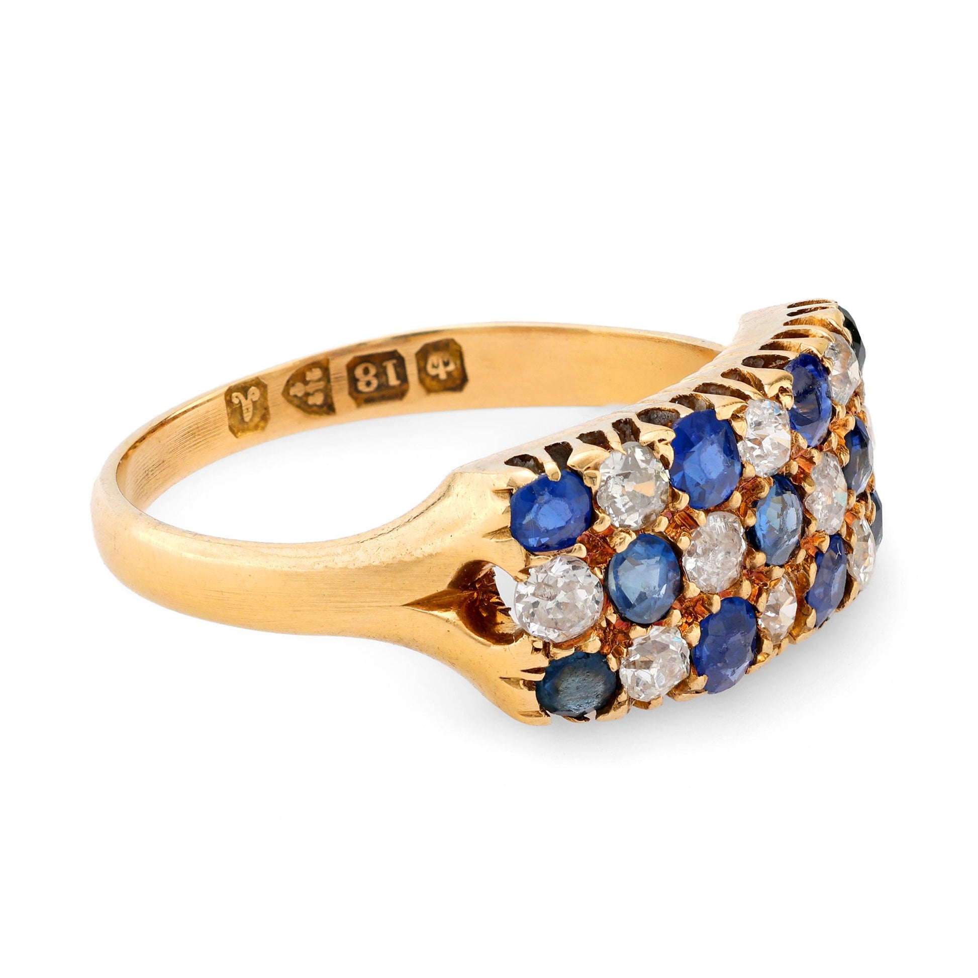 Edwardian English 18k Sapphire & Diamond Checkerboard Ring
